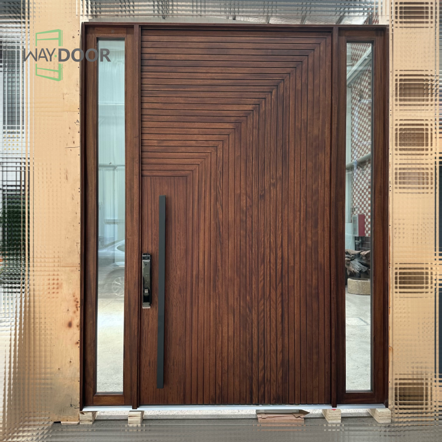Solid Wood Pivot Entry Door with Clear Sidelights