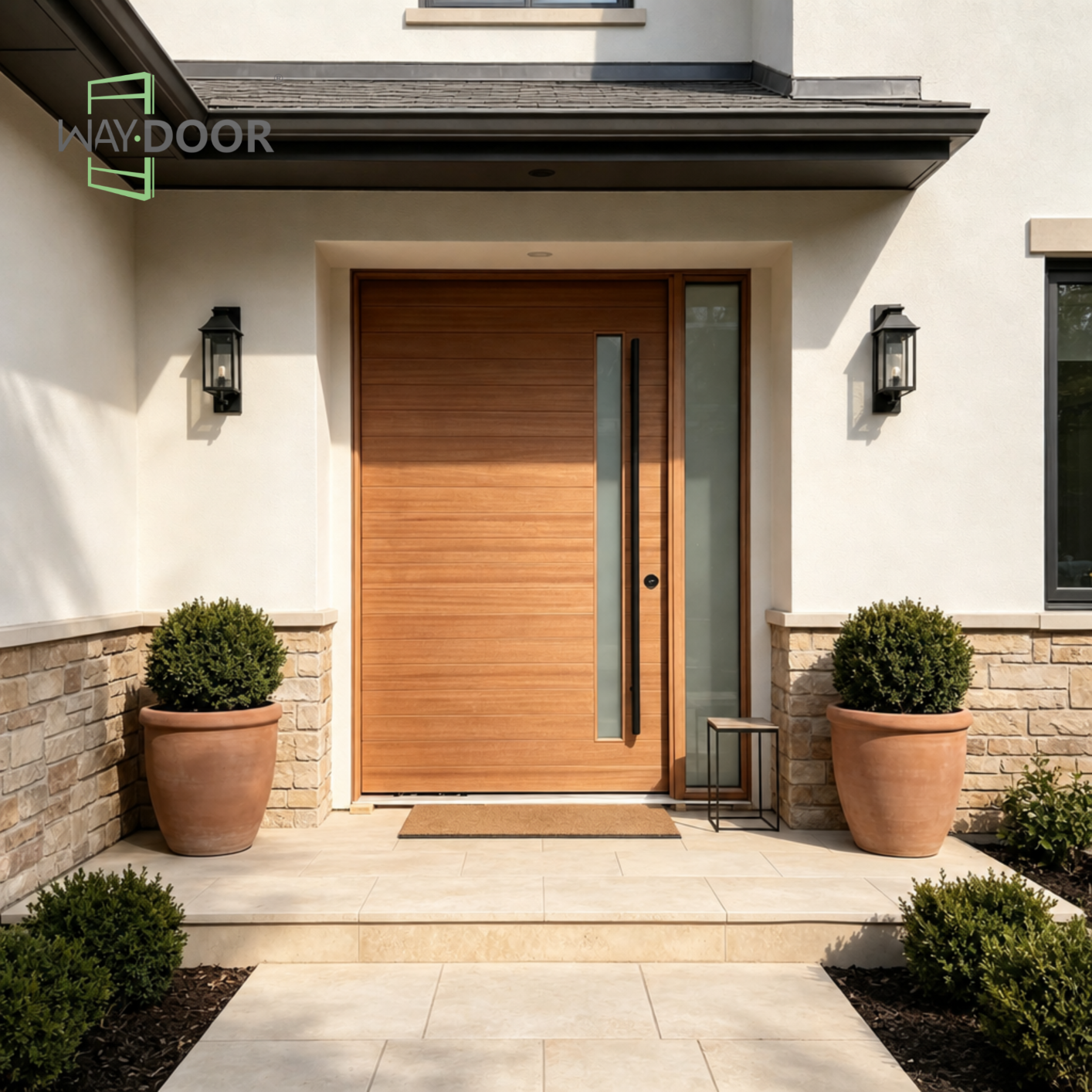 Solid Wood Pivot Entry Door with Frosted Glass Sidelight