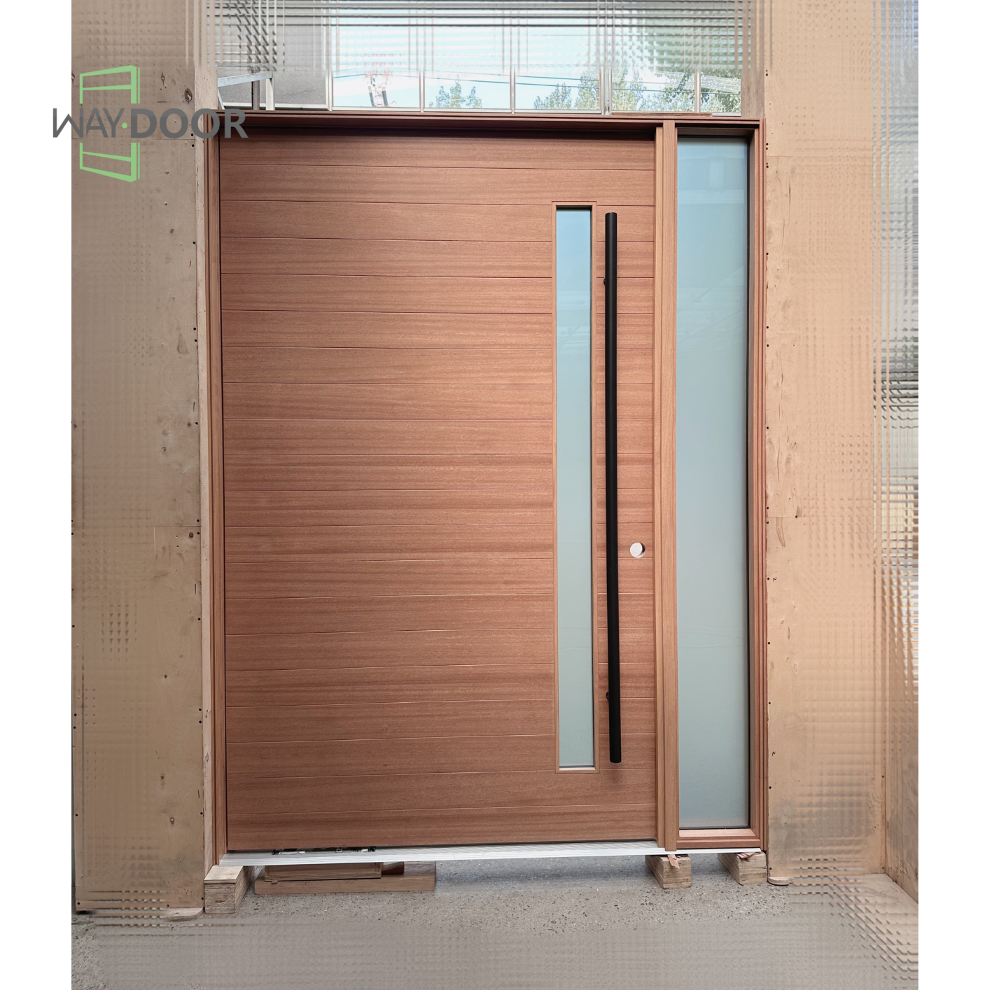 Solid Wood Pivot Entry Door with Frosted Glass Sidelight
