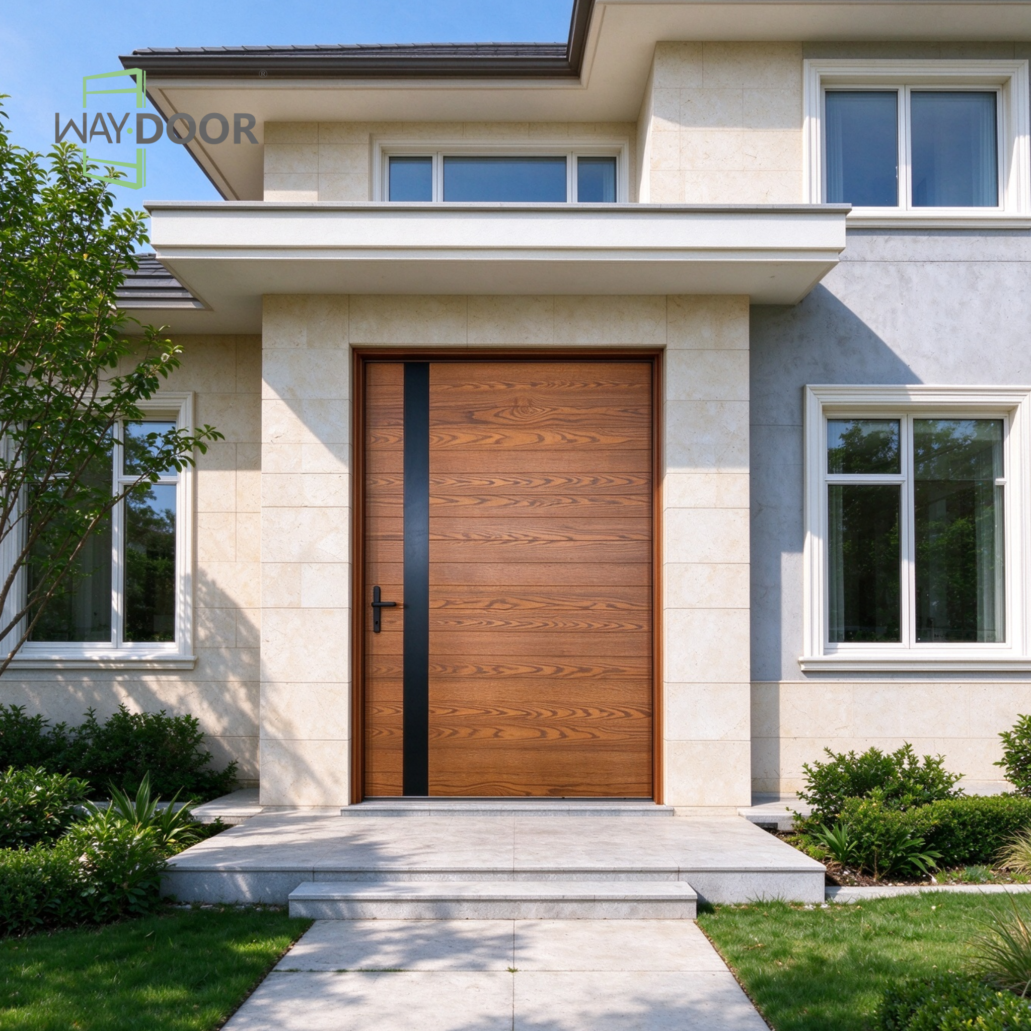Solid Wood Pivot Exterior Door with Matte Black Vertical Accent