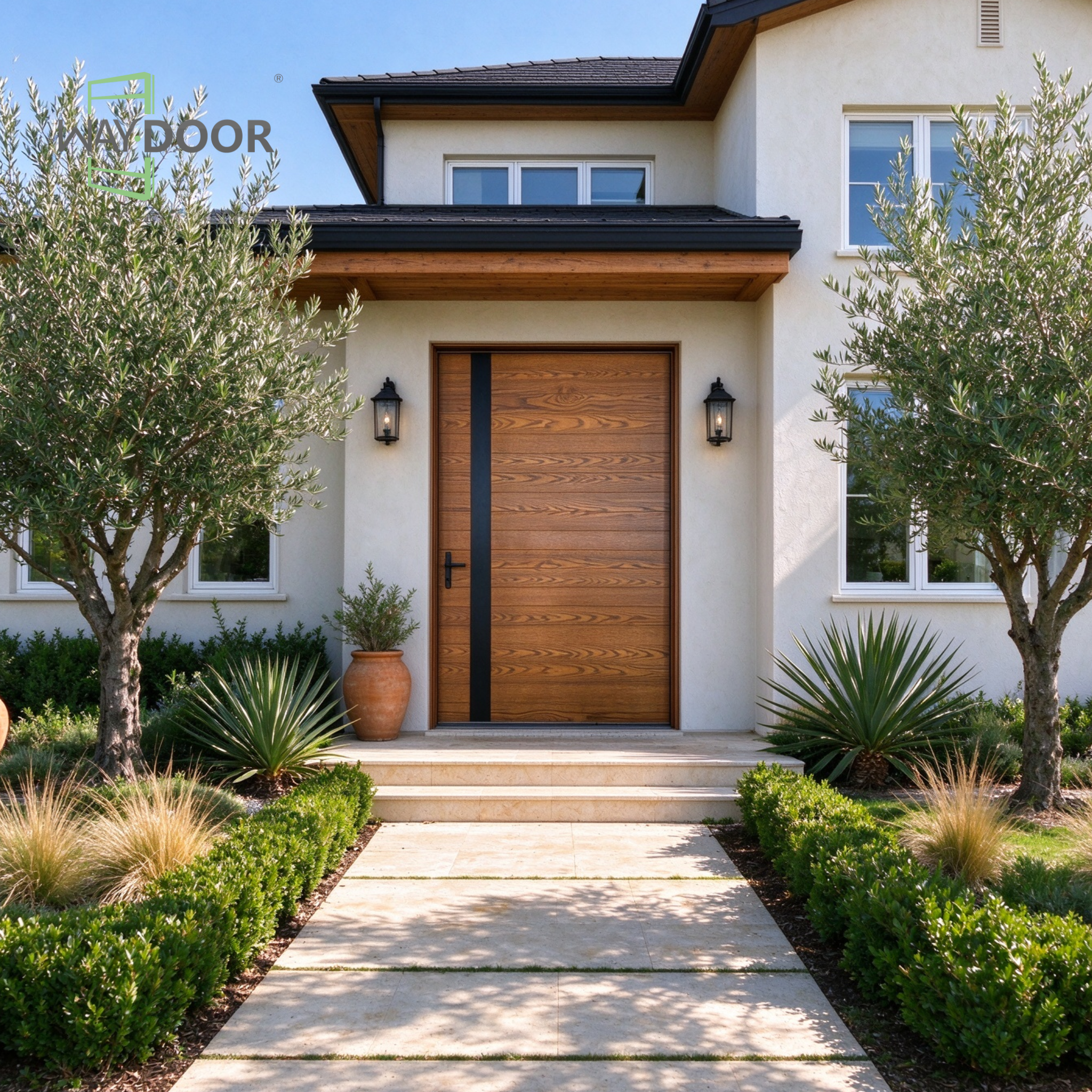 Solid Wood Pivot Exterior Door with Matte Black Vertical Accent