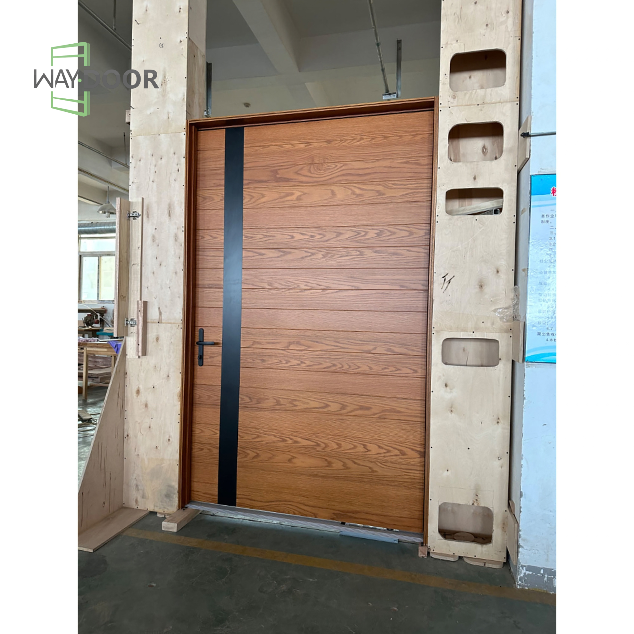 Solid Wood Pivot Exterior Door with Matte Black Vertical Accent