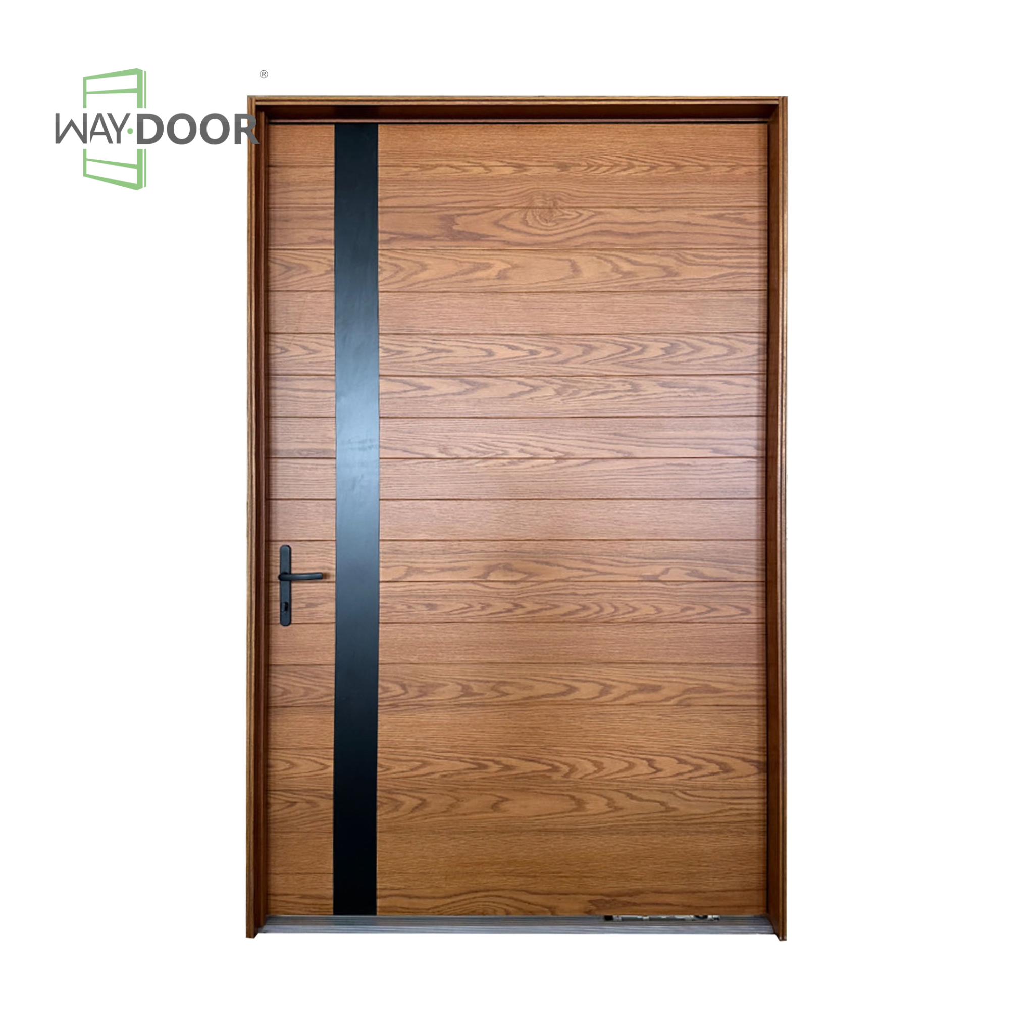 Solid Wood Pivot Exterior Door with Matte Black Vertical Accent