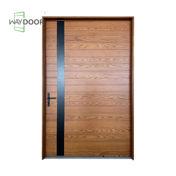 Solid Wood Pivot Exterior Door with Matte Black Vertical Accent