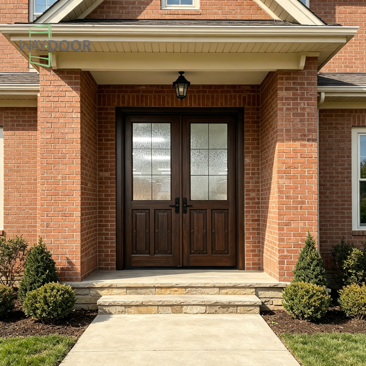 Solid Wood Rain Glass Double Entry Door