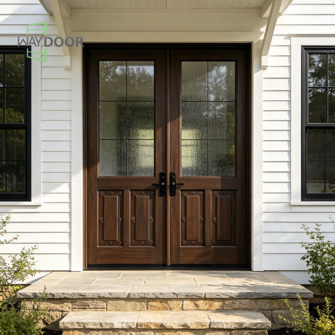 Solid Wood Rain Glass Double Entry Door
