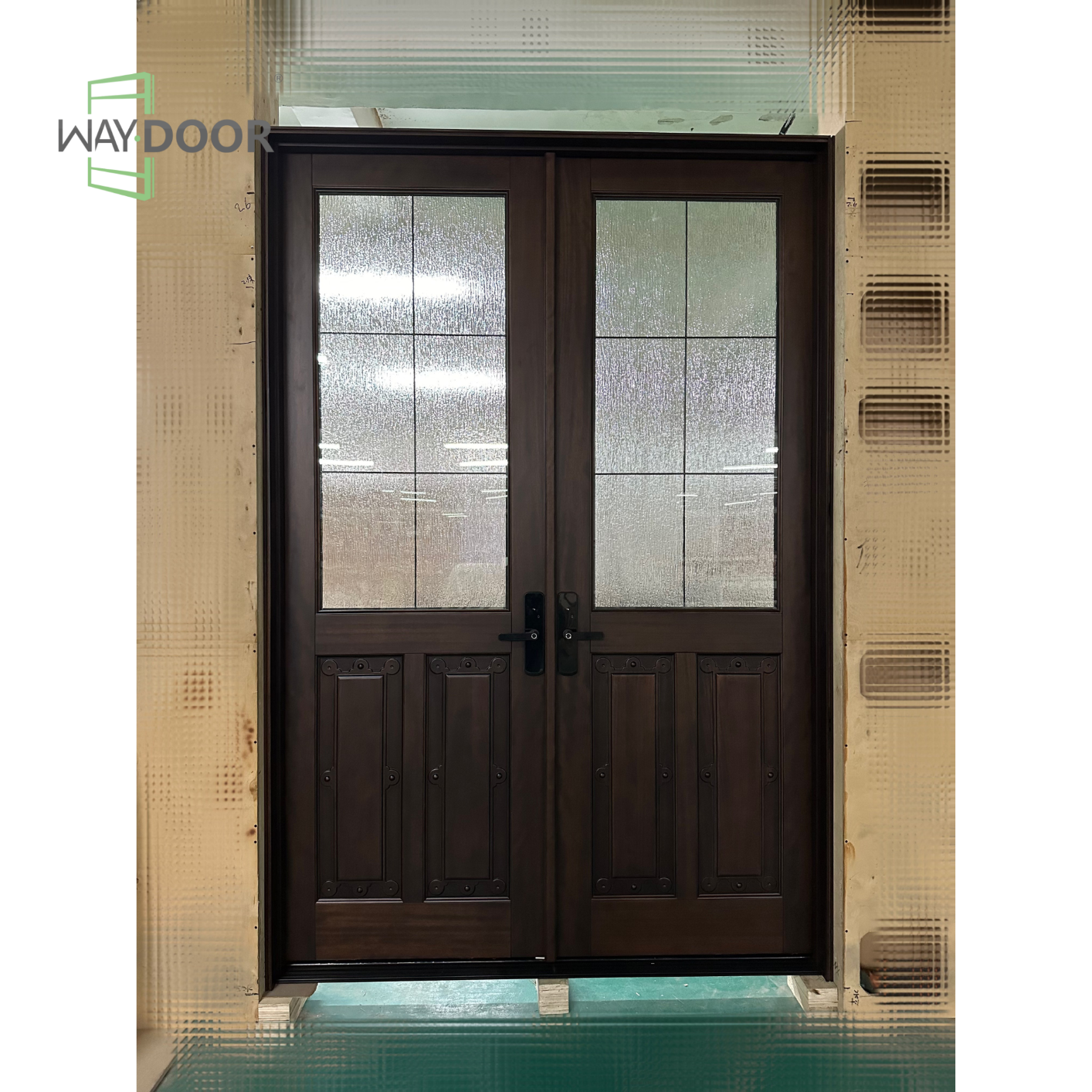 Solid Wood Rain Glass Double Entry Door