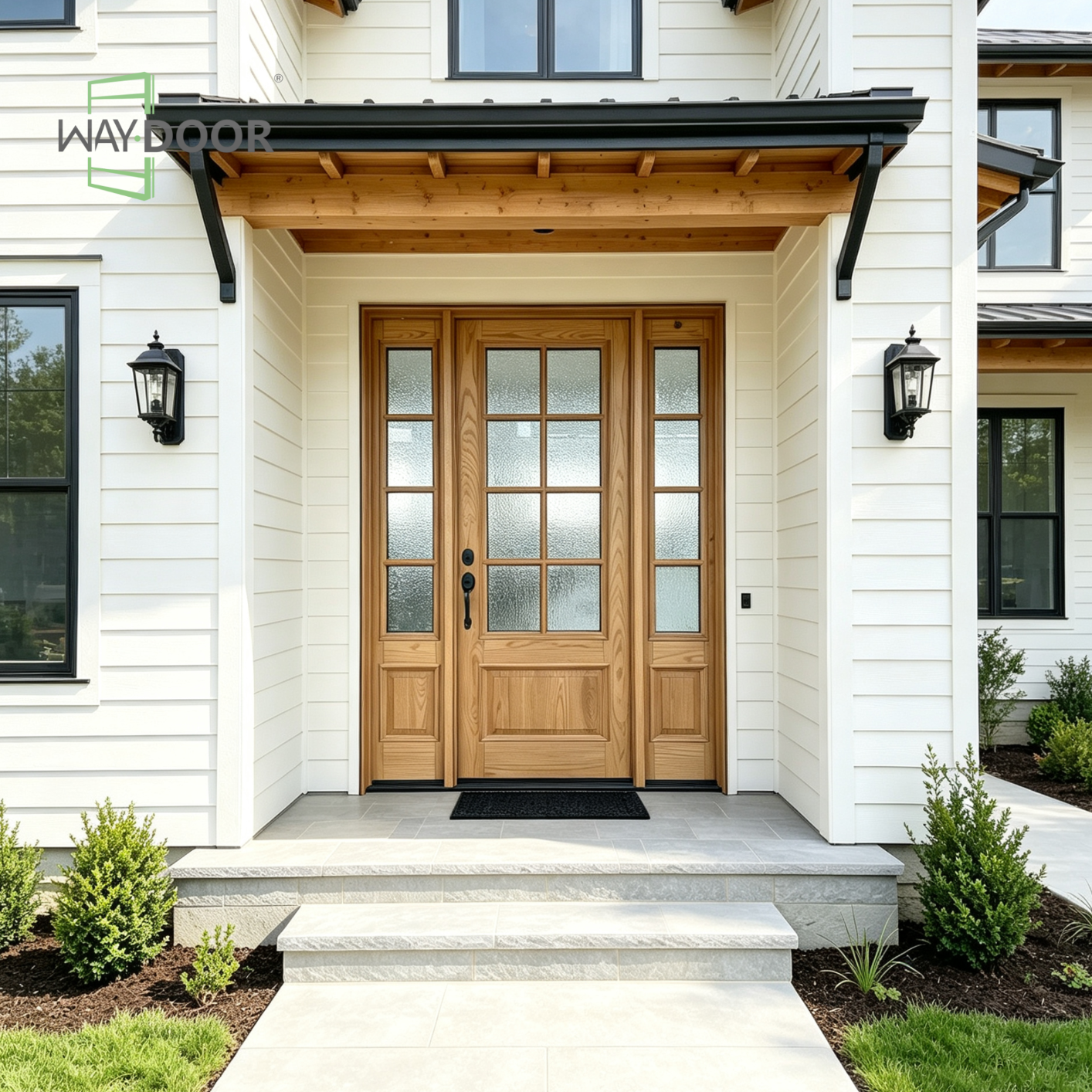 Solid Wood Rain Glass Entry Door with Two Sidelites