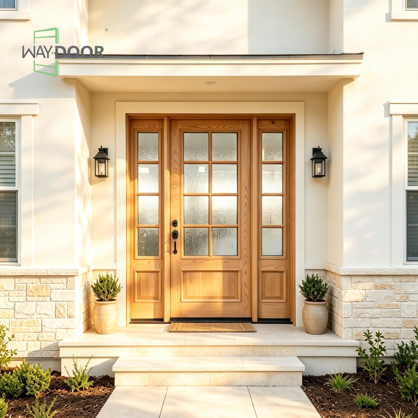 Solid Wood Rain Glass Entry Door with Two Sidelites
