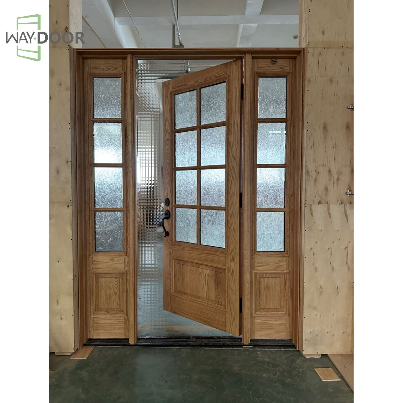 Solid Wood Rain Glass Entry Door with Two Sidelites