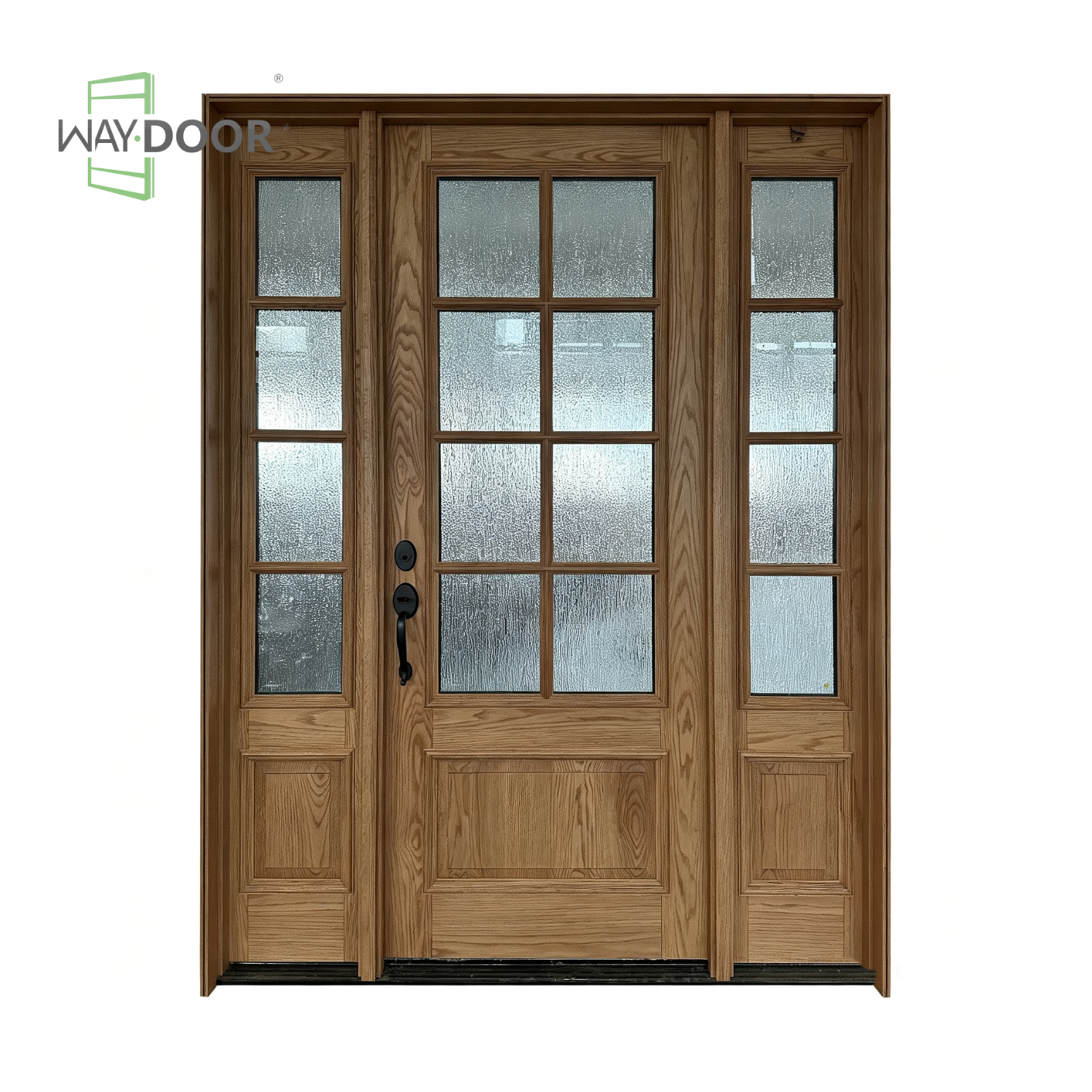 Solid Wood Rain Glass Entry Door with Two Sidelites
