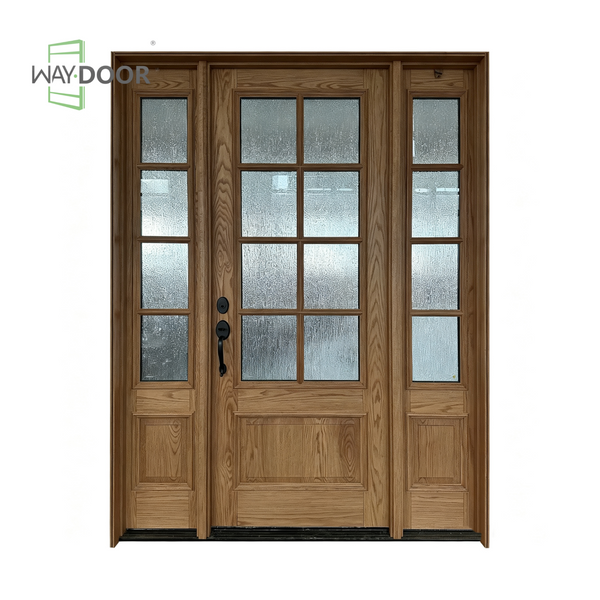 Solid Wood Rain Glass Entry Door with Two Sidelites