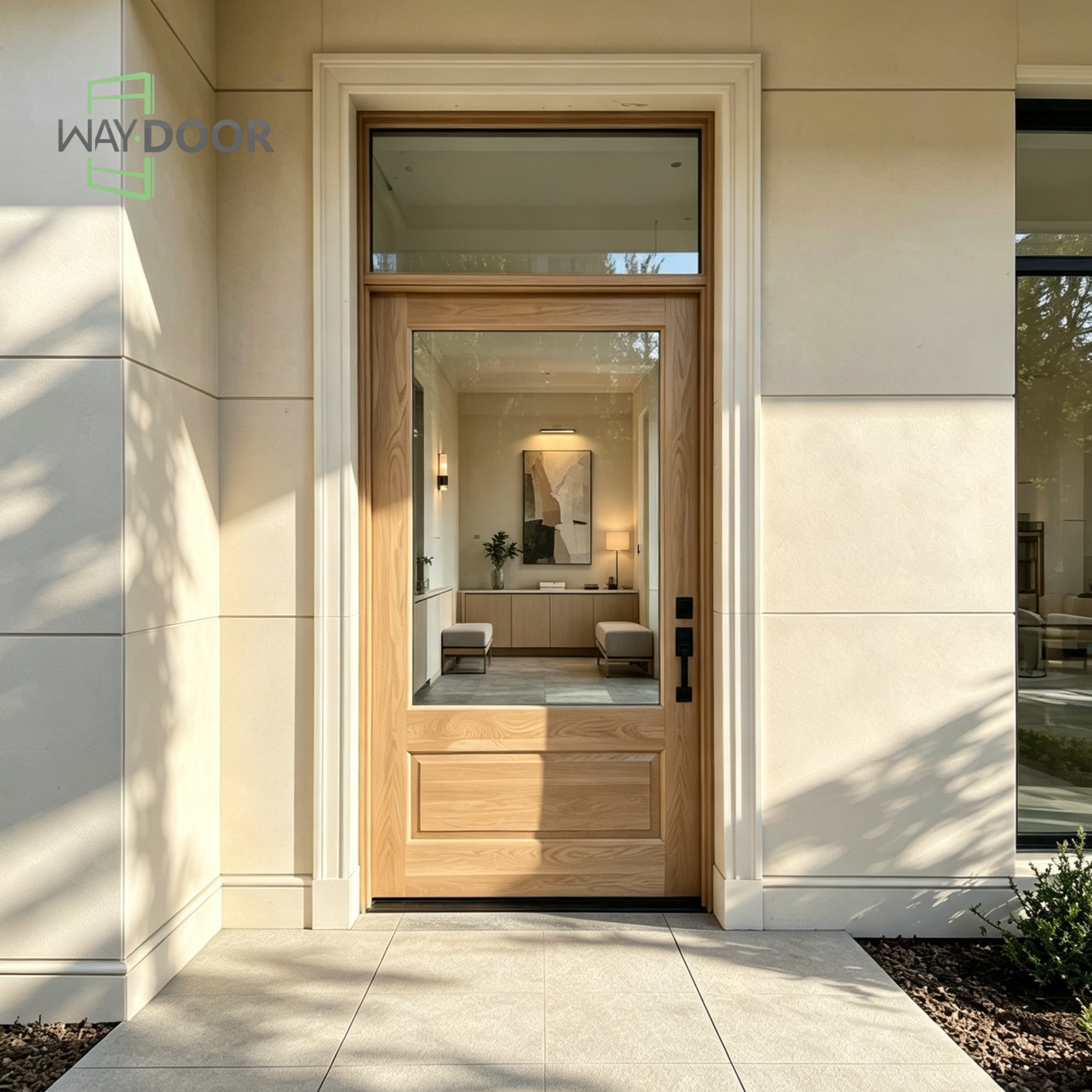 Solid Wood Recessed Panel Entry Door with Transom Clear Glass