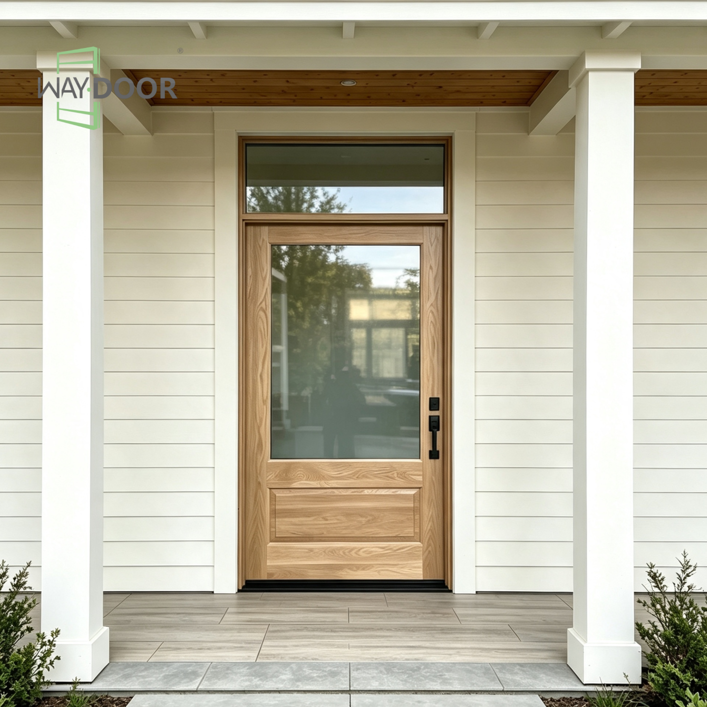 Solid Wood Recessed Panel Entry Door with Transom Clear Glass