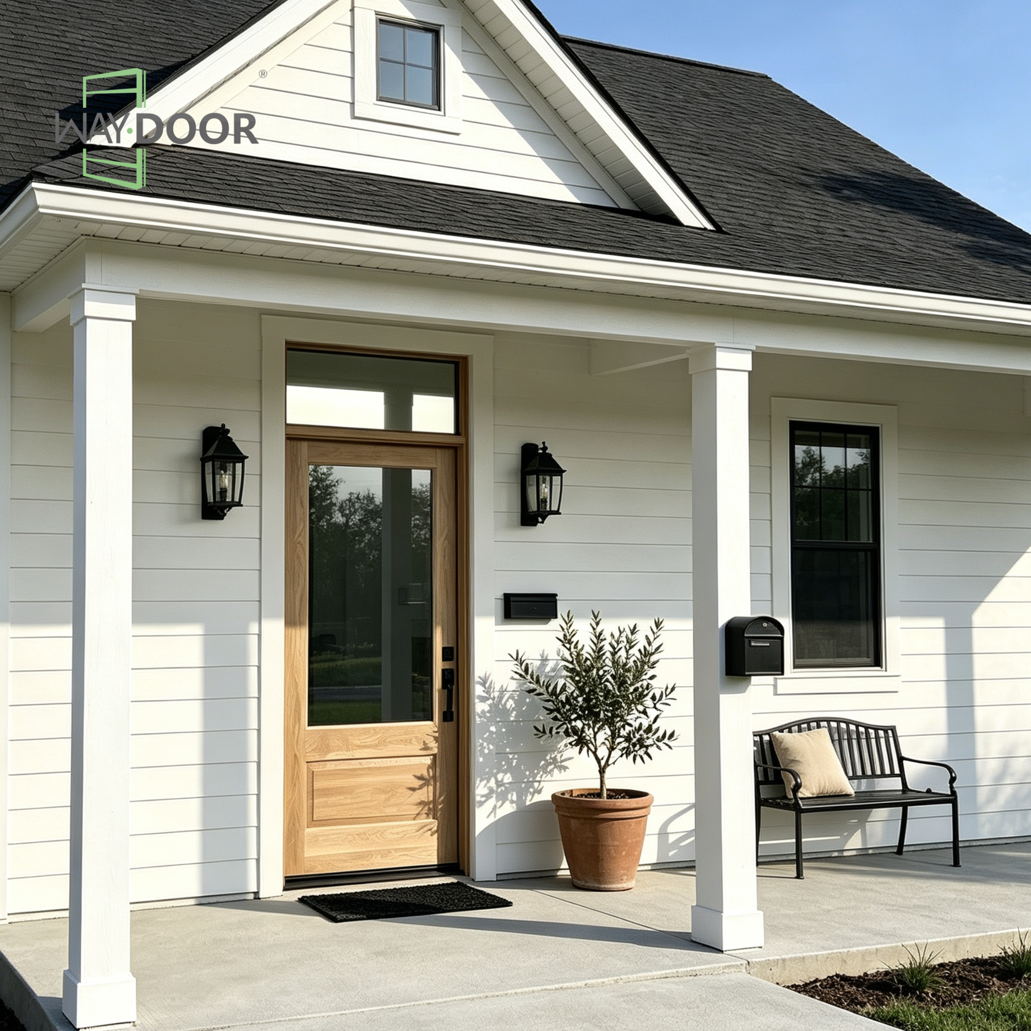 Solid Wood Recessed Panel Entry Door with Transom Clear Glass