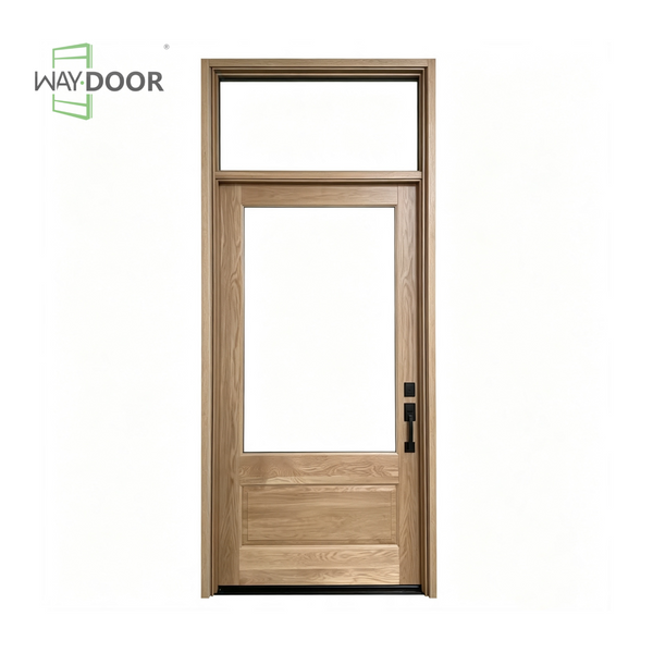 Solid Wood Recessed Panel Entry Door with Transom Clear Glass