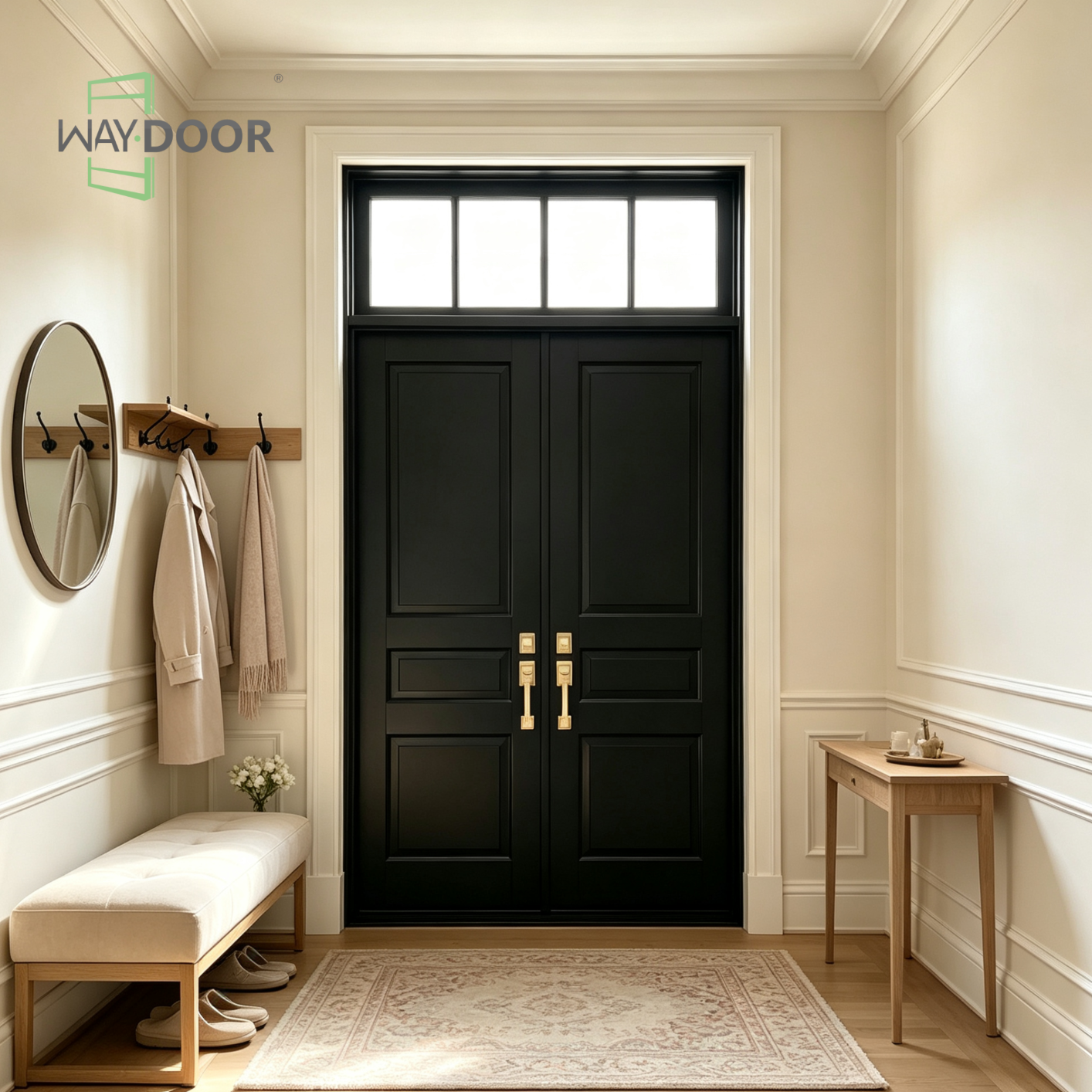 Timeless Solid Wood Double Exterior Door with Transom Window