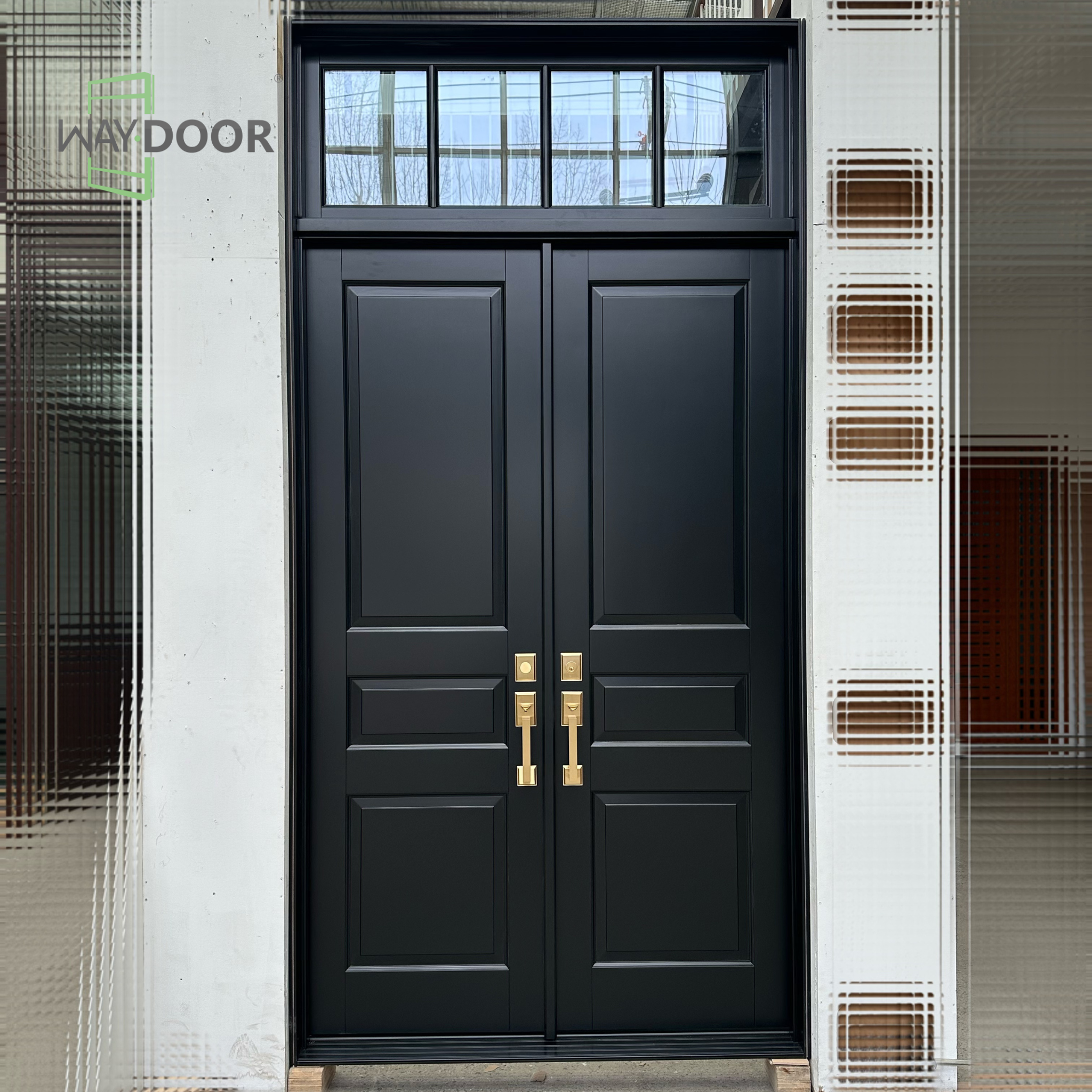Timeless Solid Wood Double Exterior Door with Transom Window