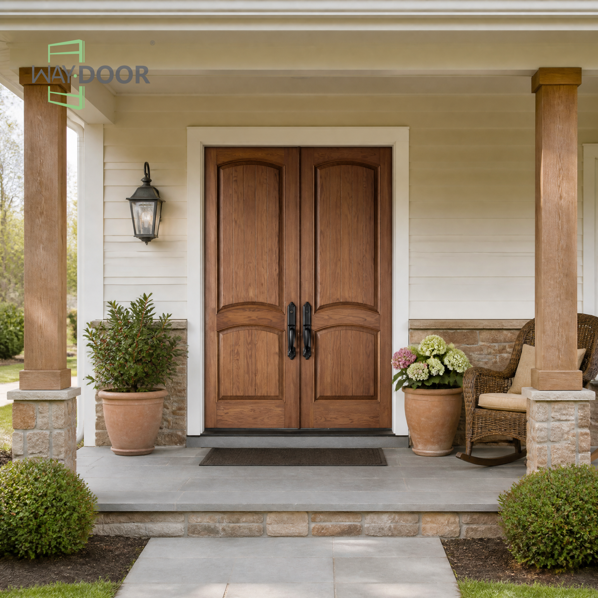 Traditional Arch Raised Molding Solid Wood Double Entry Door