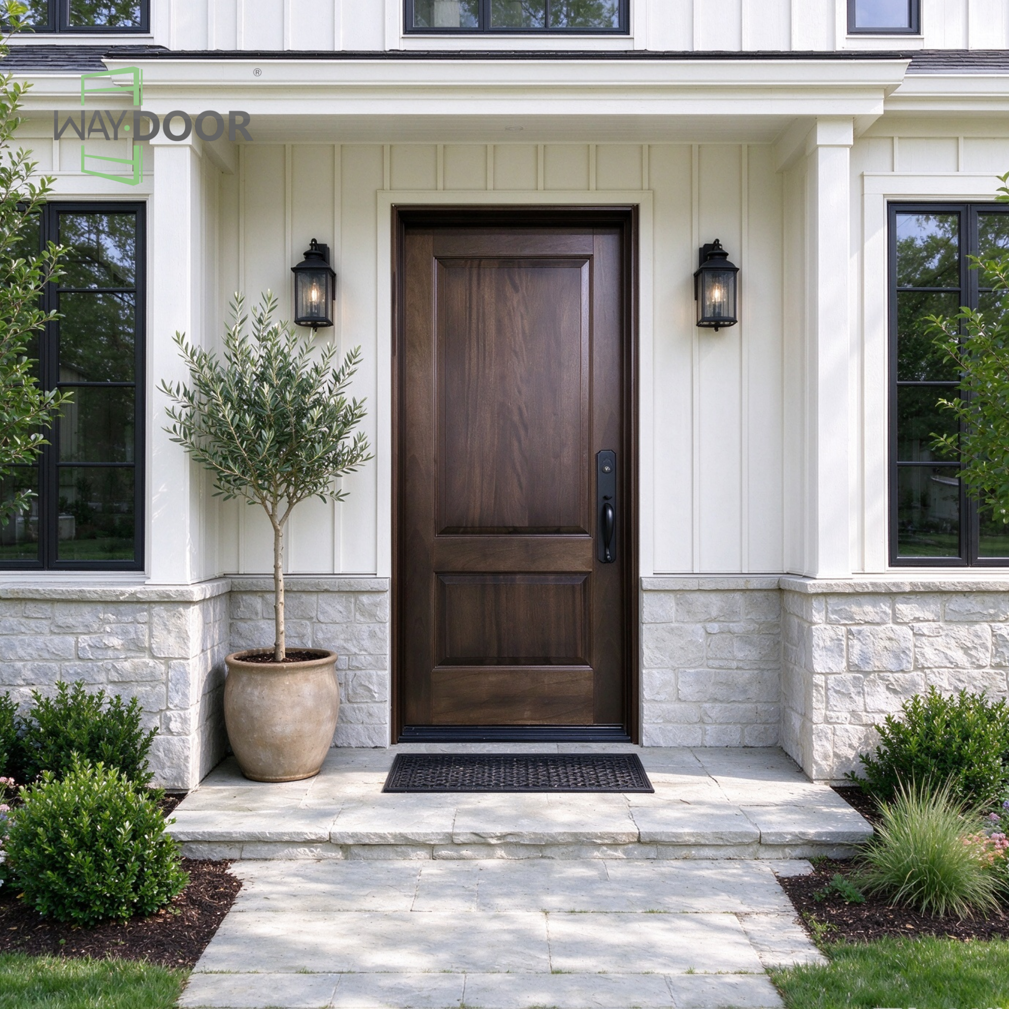 Transitional 2-Panel Solid Wood Hinged Exterior Door