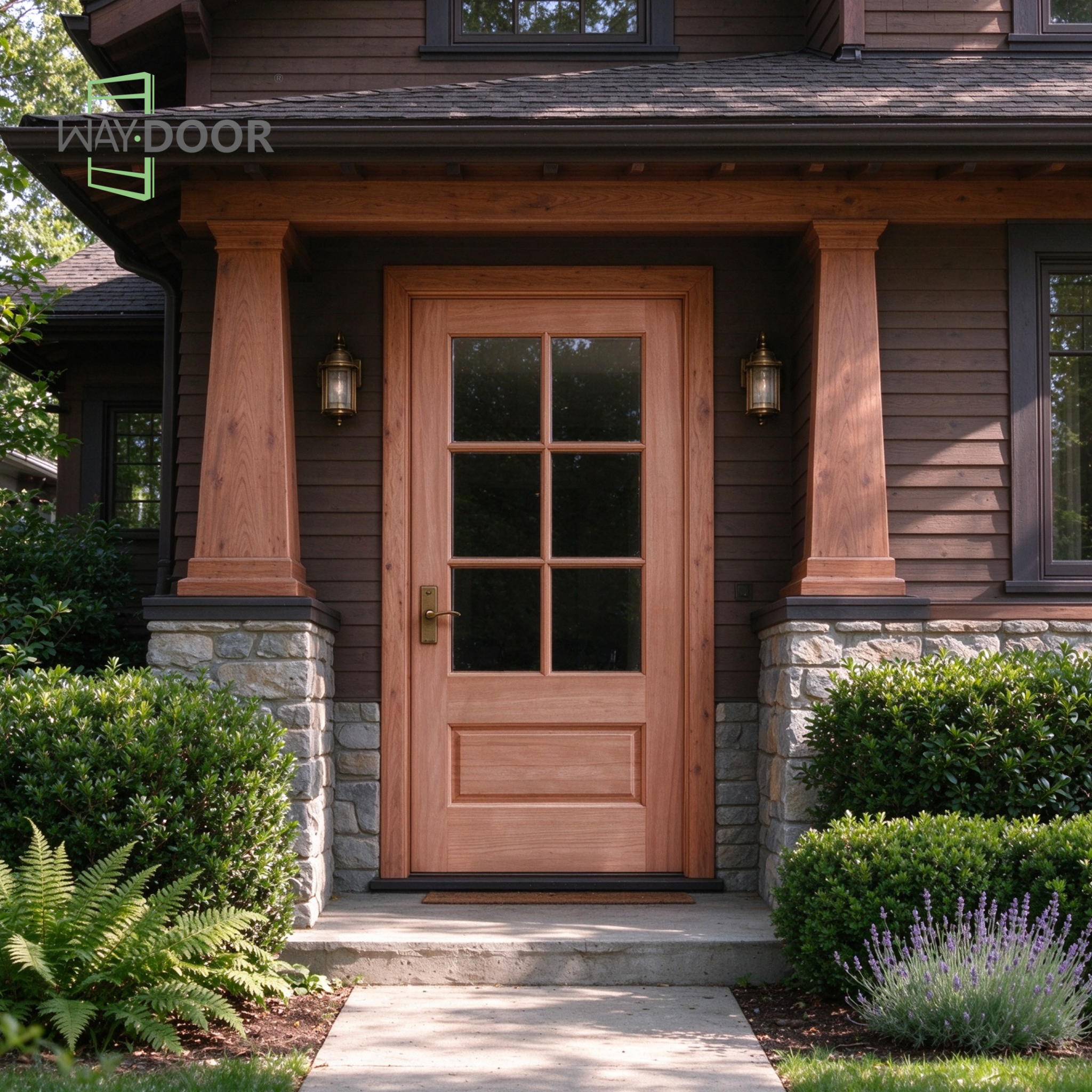 Transitional 6-Lite Mahogany Hinged Exterior Door