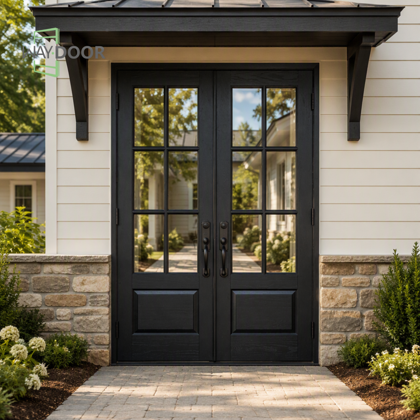 Transitional 6-Lite Solid Wood Double Hinged Entry Door