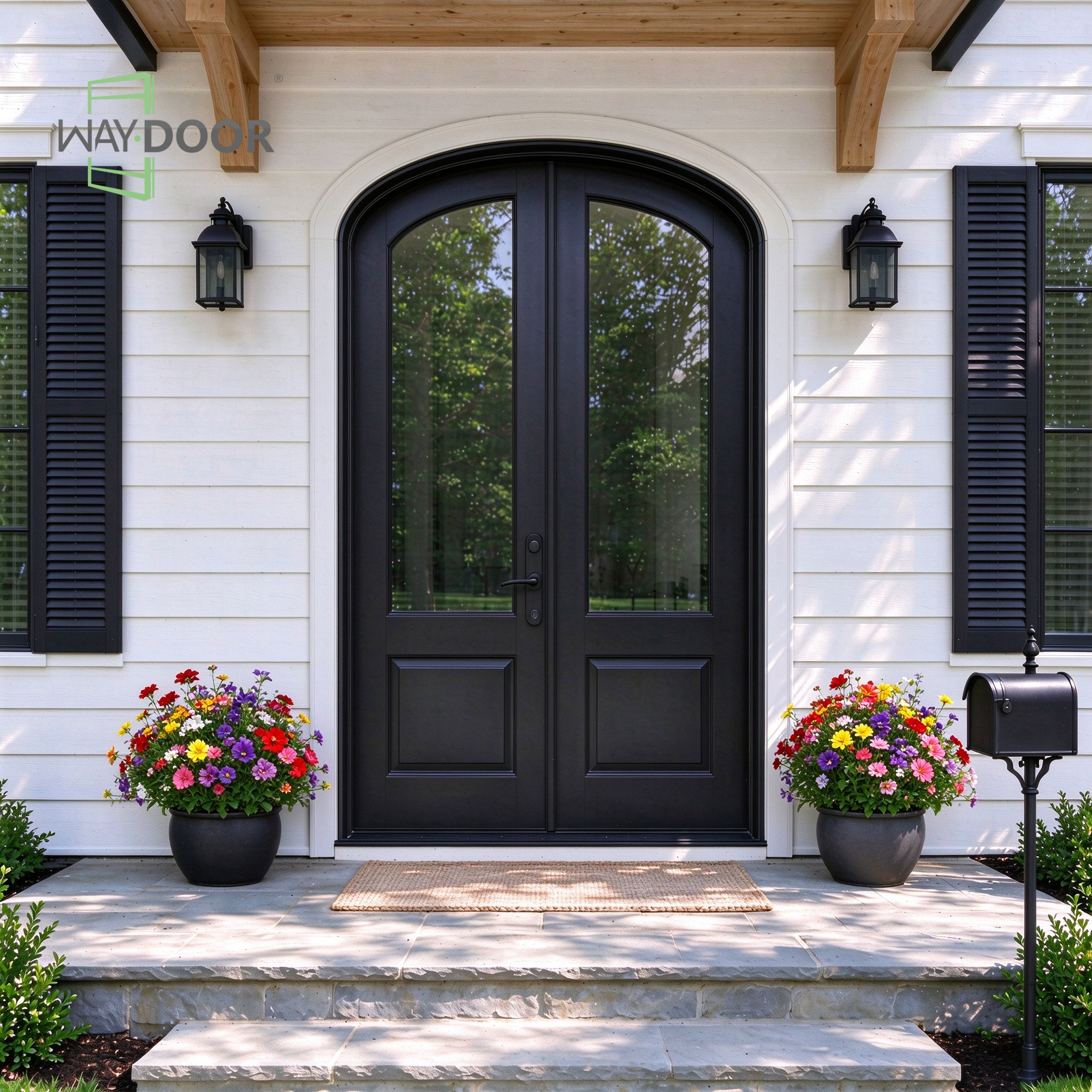 Transitional Arch Double Entry Door With Clear Glass
