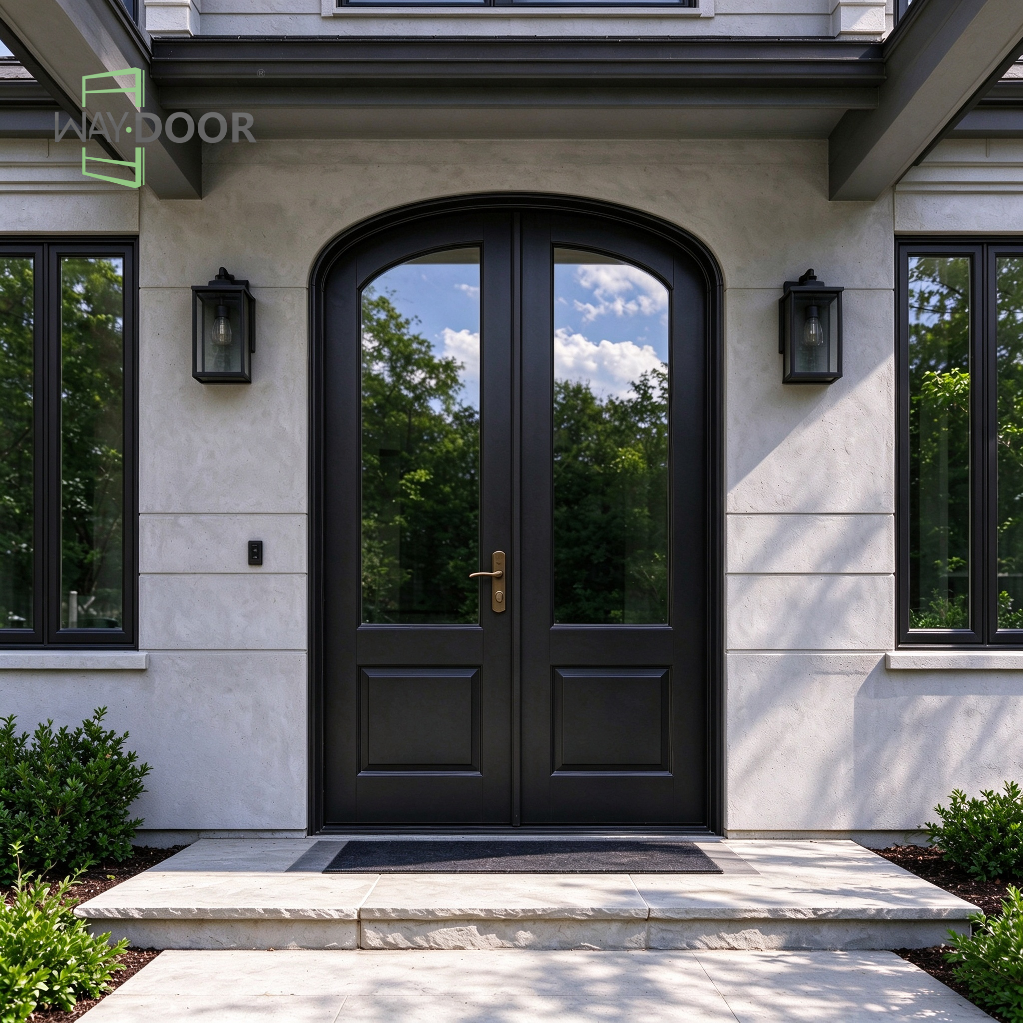Transitional Arch Double Entry Door With Clear Glass