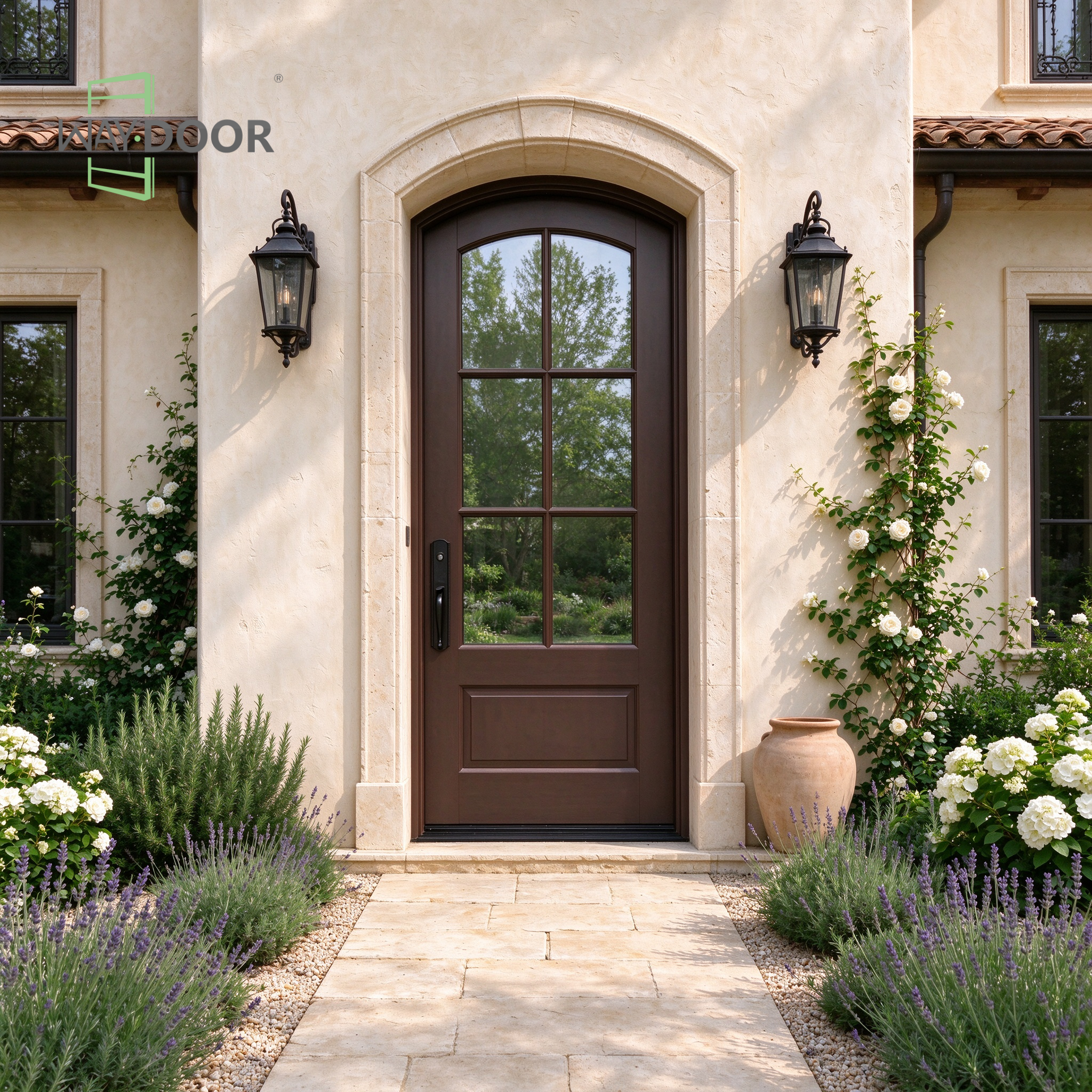 Transitional Arch Top 6-Lite Clear Glass Solid Wood Entry Door