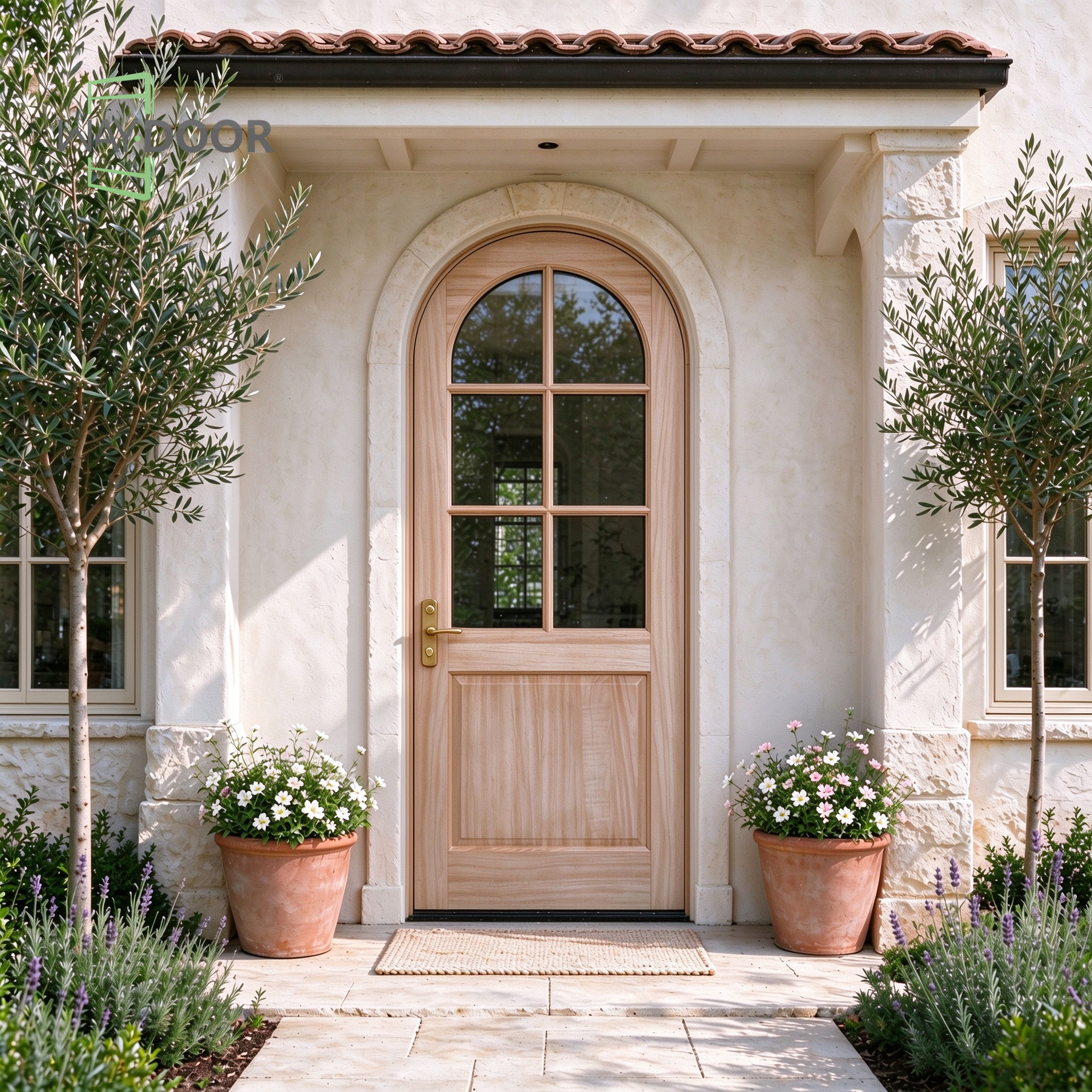 Transitional Arched 6-Lite Clear Glass Solid Wood Exterior Entry Door
