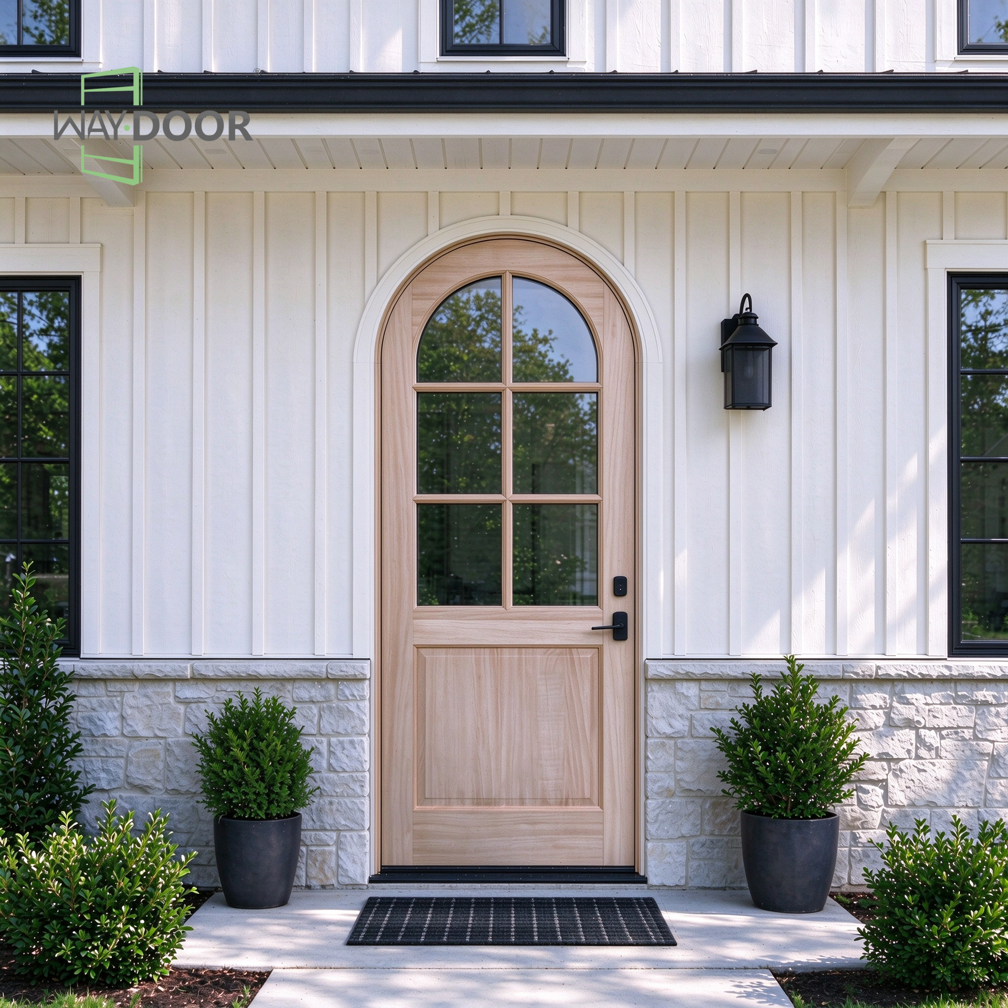 Transitional Arched 6-Lite Clear Glass Solid Wood Exterior Entry Door