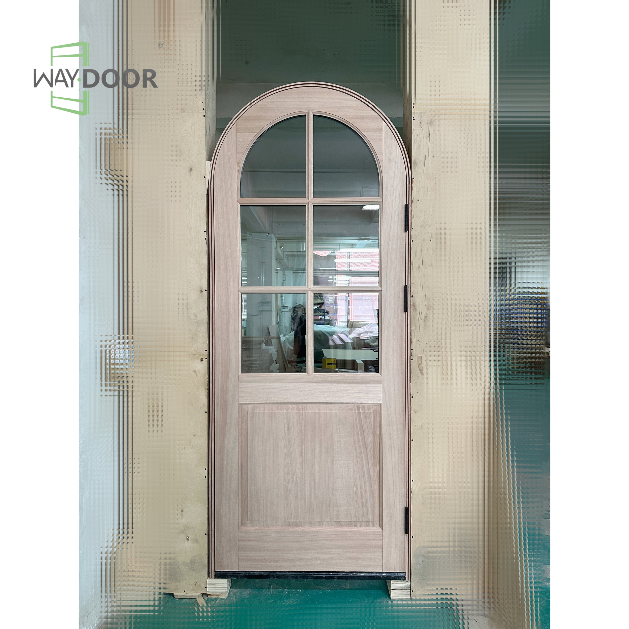 Transitional Arched 6-Lite Clear Glass Solid Wood Exterior Entry Door