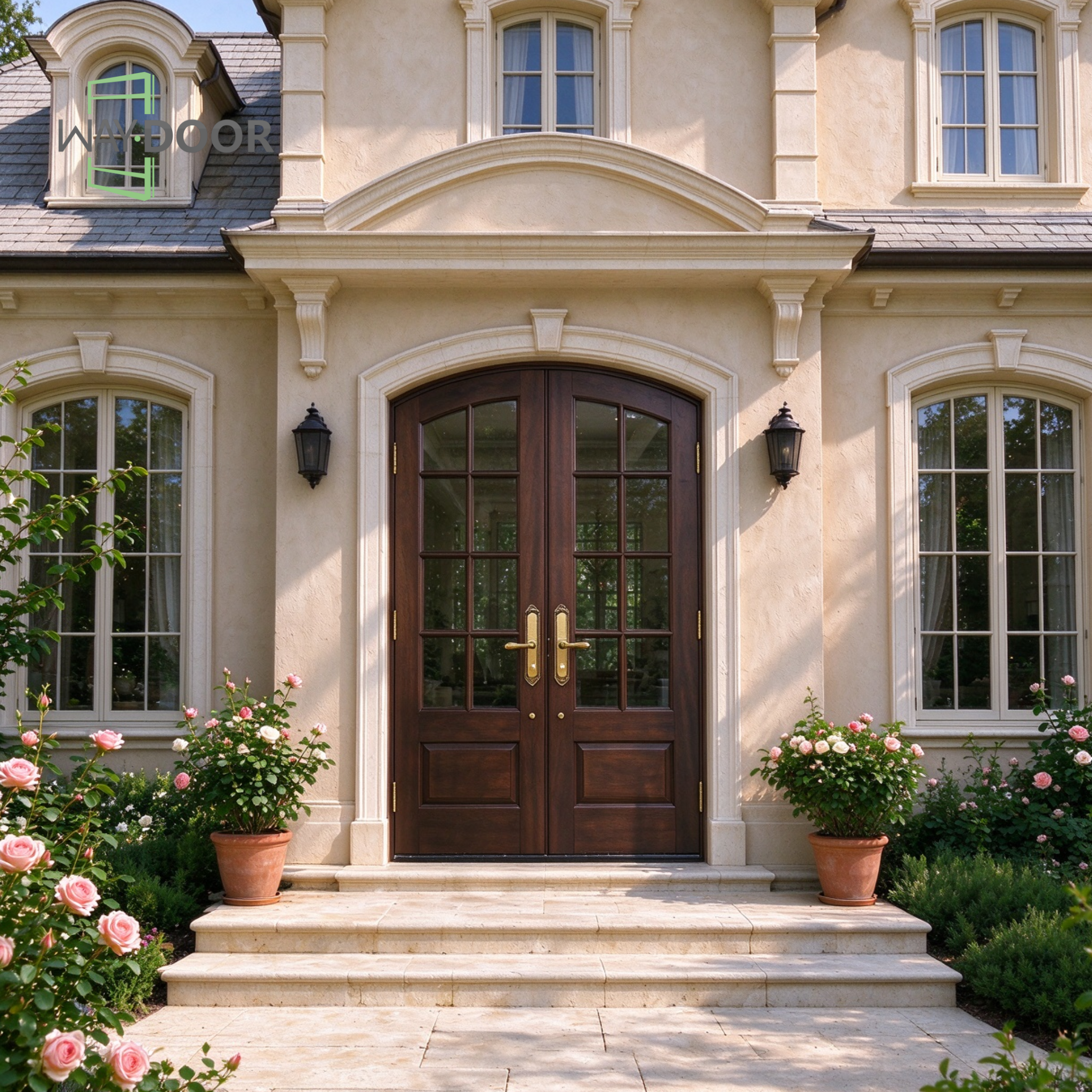 Transitional Arched Clear Glass Double Entry Door
