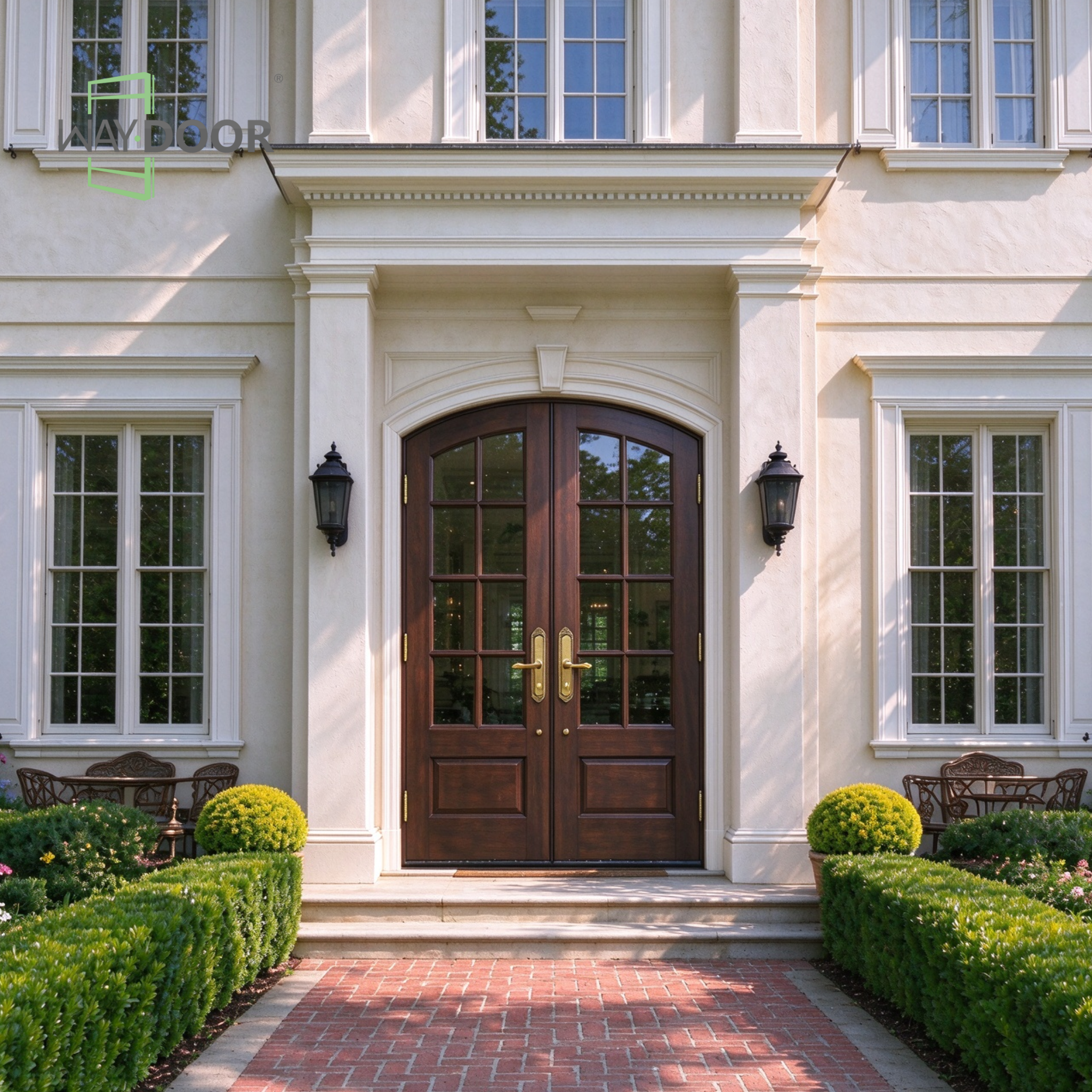 Transitional Arched Clear Glass Double Entry Door
