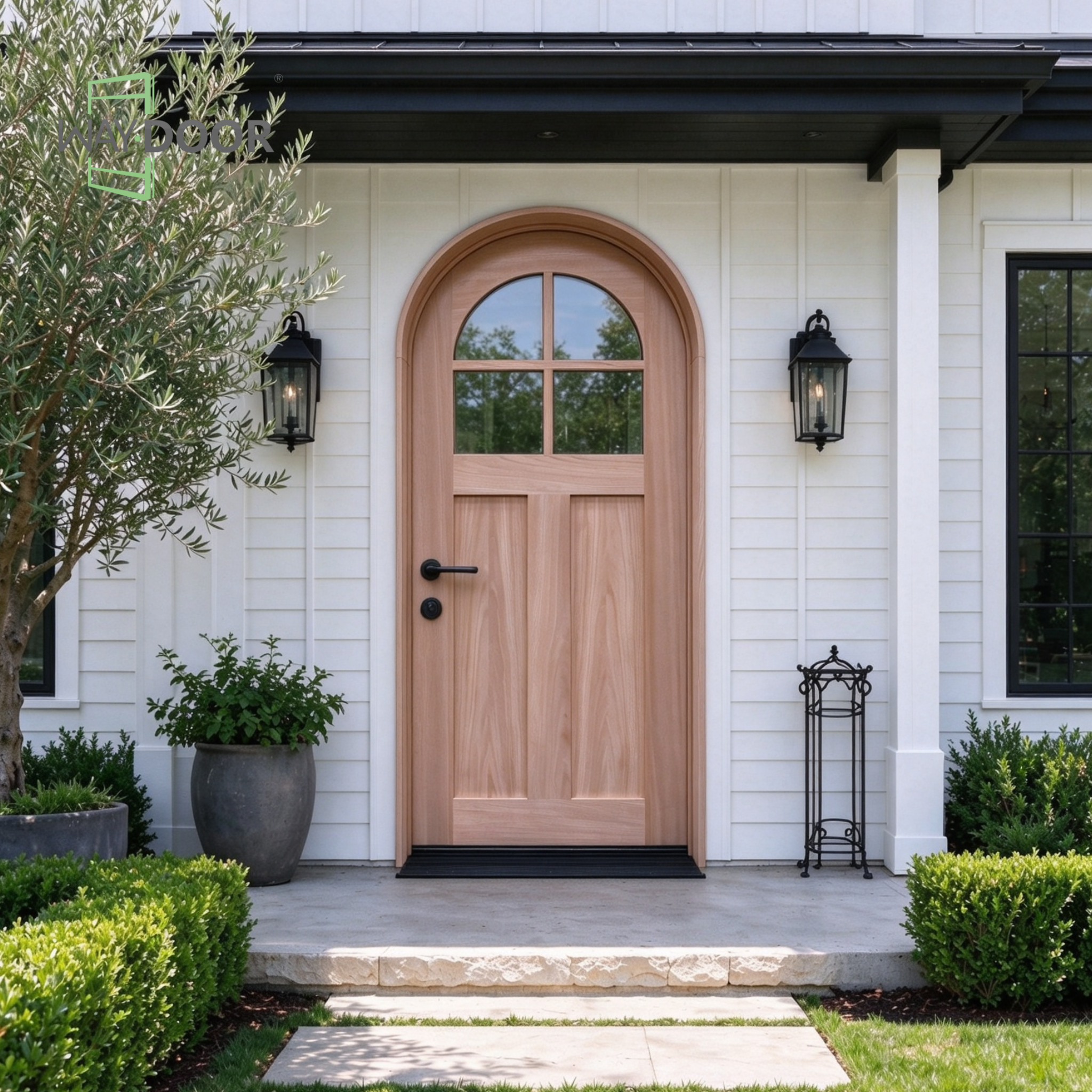 Transitional Arched Clear Glass Solid Wood Hinged Entry Door