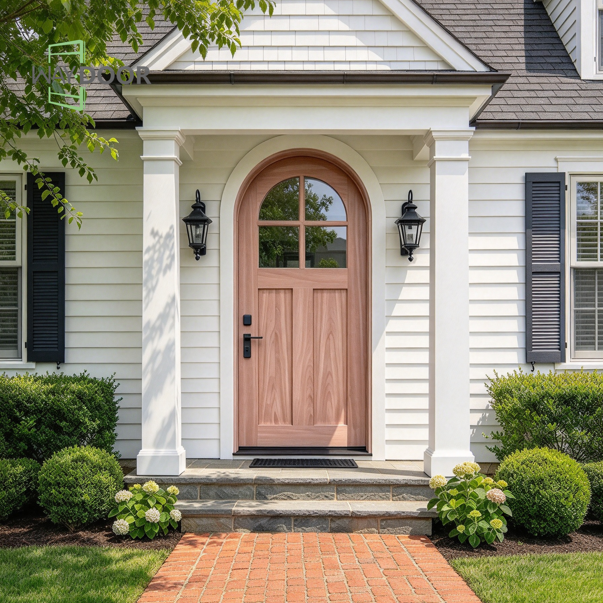 Transitional Arched Clear Glass Solid Wood Hinged Entry Door
