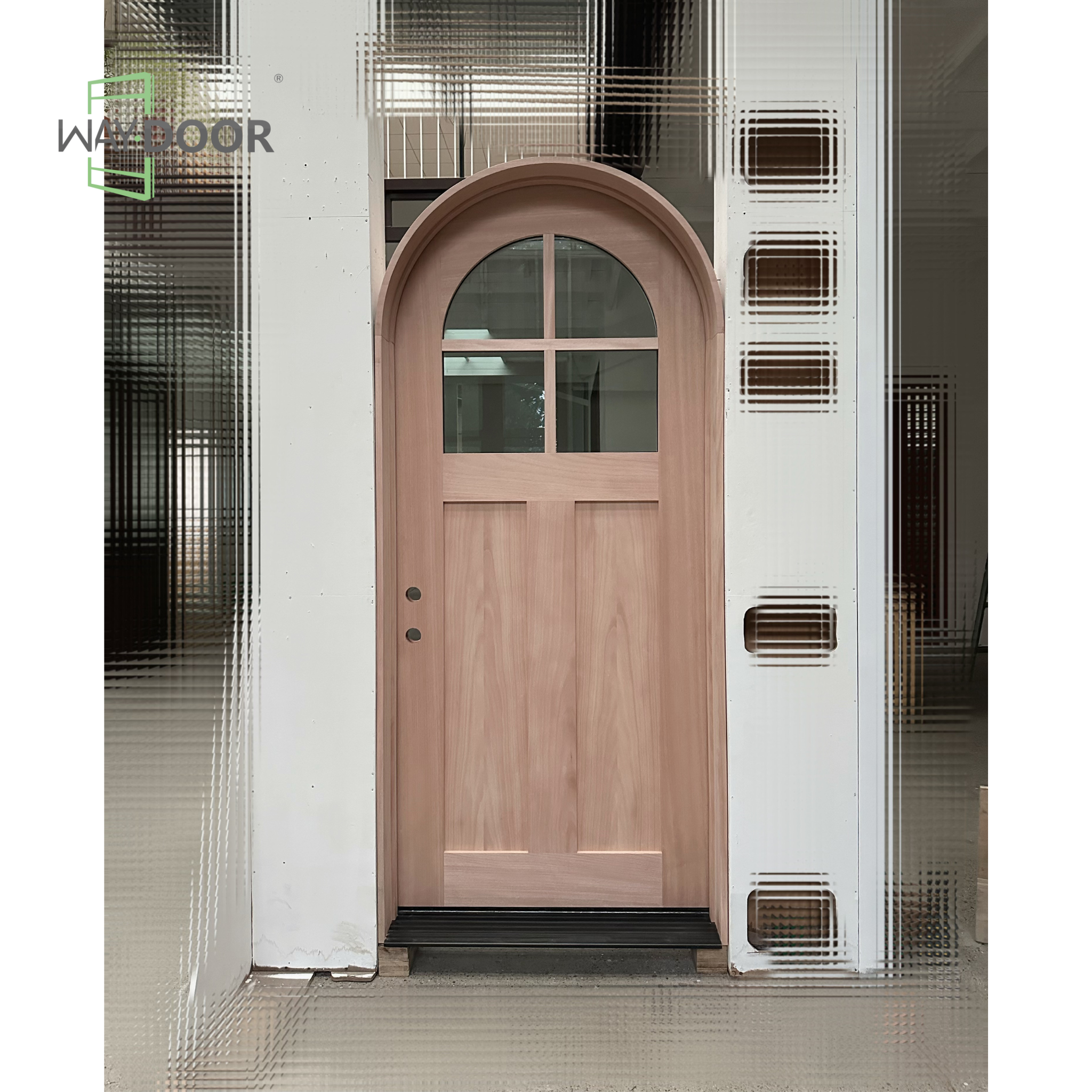 Transitional Arched Clear Glass Solid Wood Hinged Entry Door