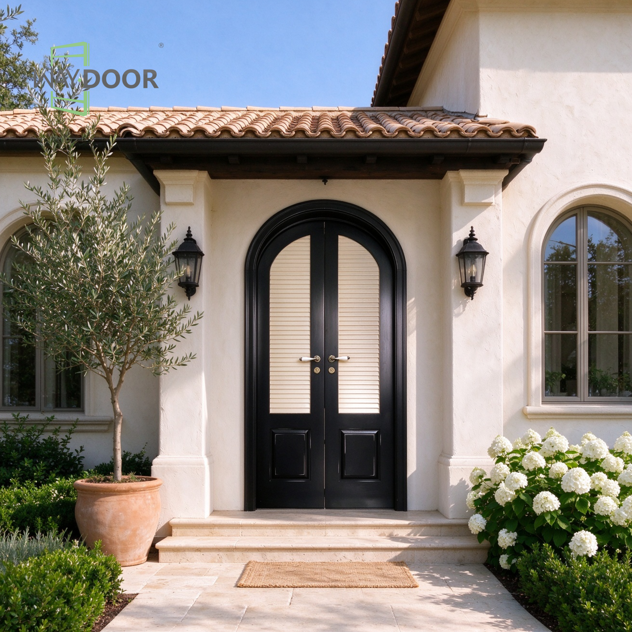 Transitional Arched Solid Wood Double Hinged Exterior Door with Clear Glass & Built-in Shutter