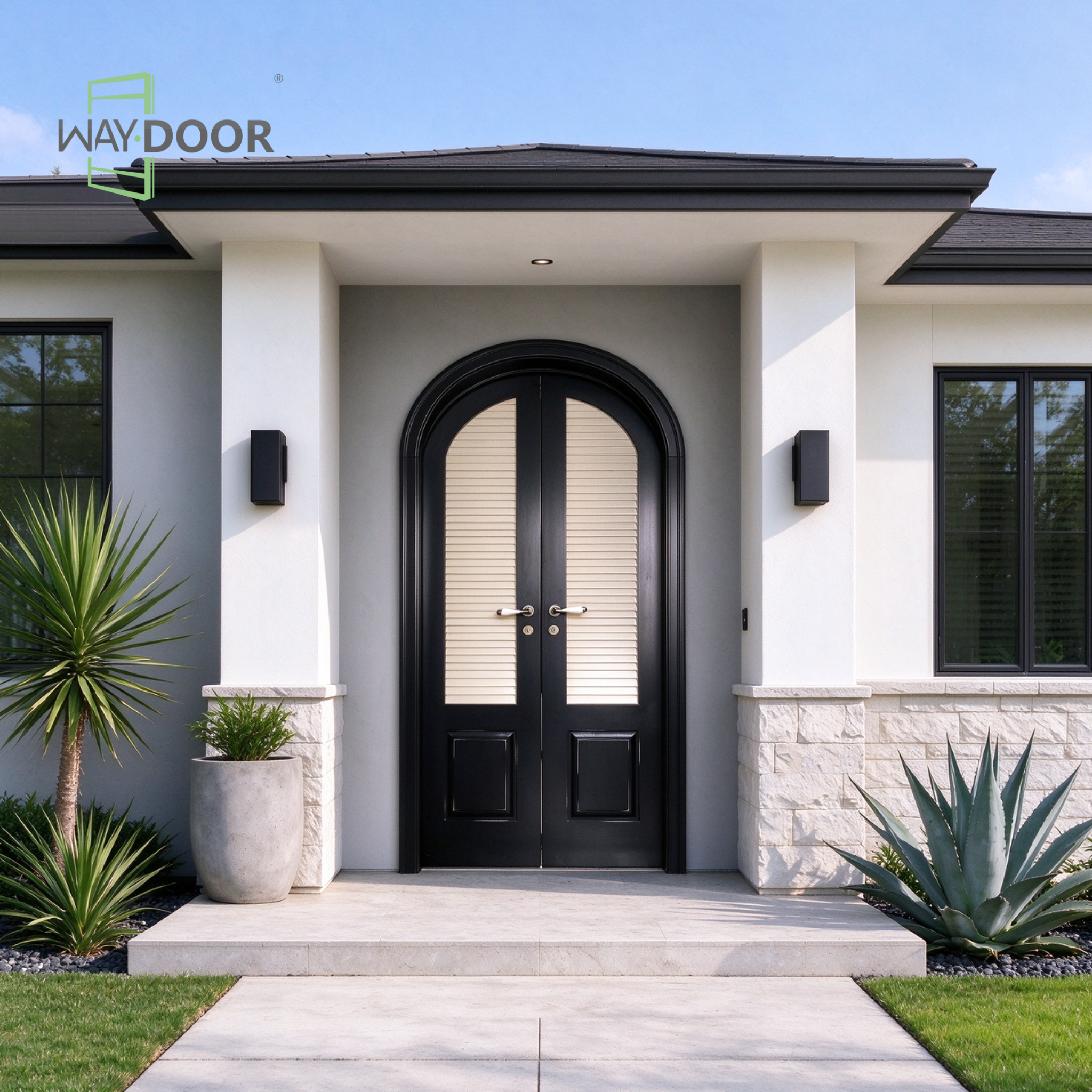 Transitional Arched Solid Wood Double Hinged Exterior Door with Clear Glass & Built-in Shutter