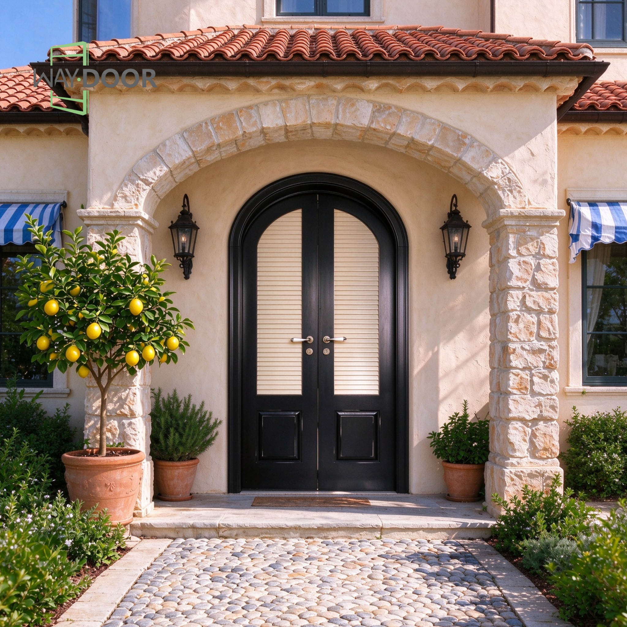 Transitional Arched Solid Wood Double Hinged Exterior Door with Clear Glass & Built-in Shutter