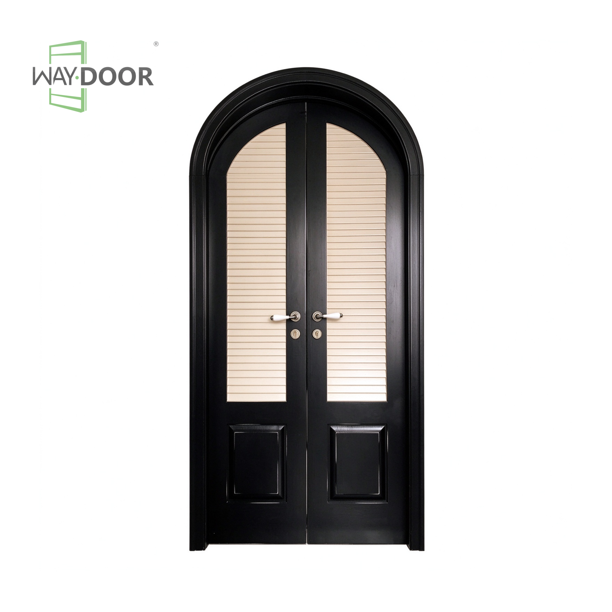 Transitional Arched Solid Wood Double Hinged Exterior Door with Clear Glass & Built-in Shutter
