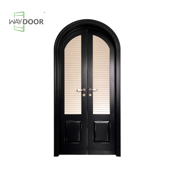 Transitional Arched Solid Wood Double Hinged Exterior Door with Clear Glass & Built-in Shutter