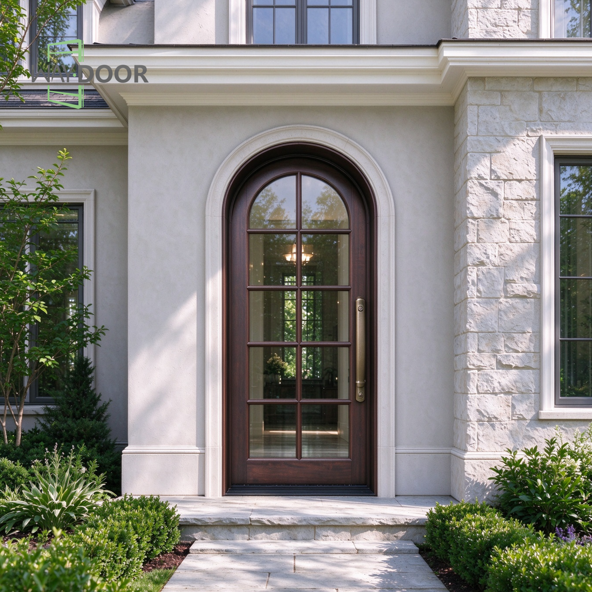 Transitional Arched Solid Wood Entry Door with 8-Lite Clear Glass