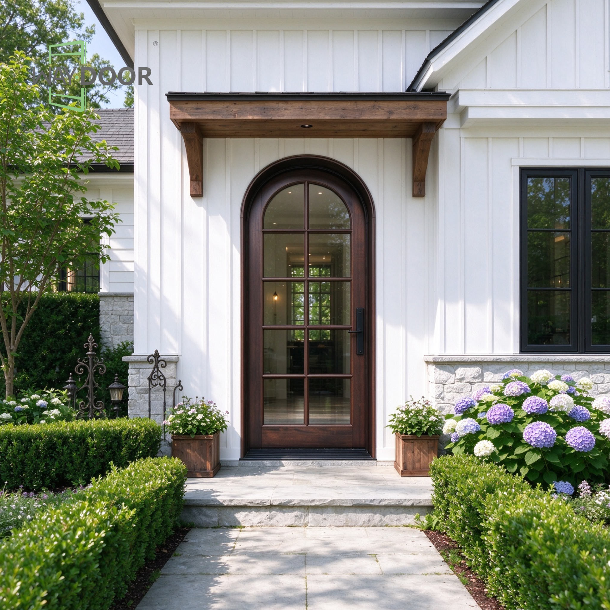 Transitional Arched Solid Wood Entry Door with 8-Lite Clear Glass
