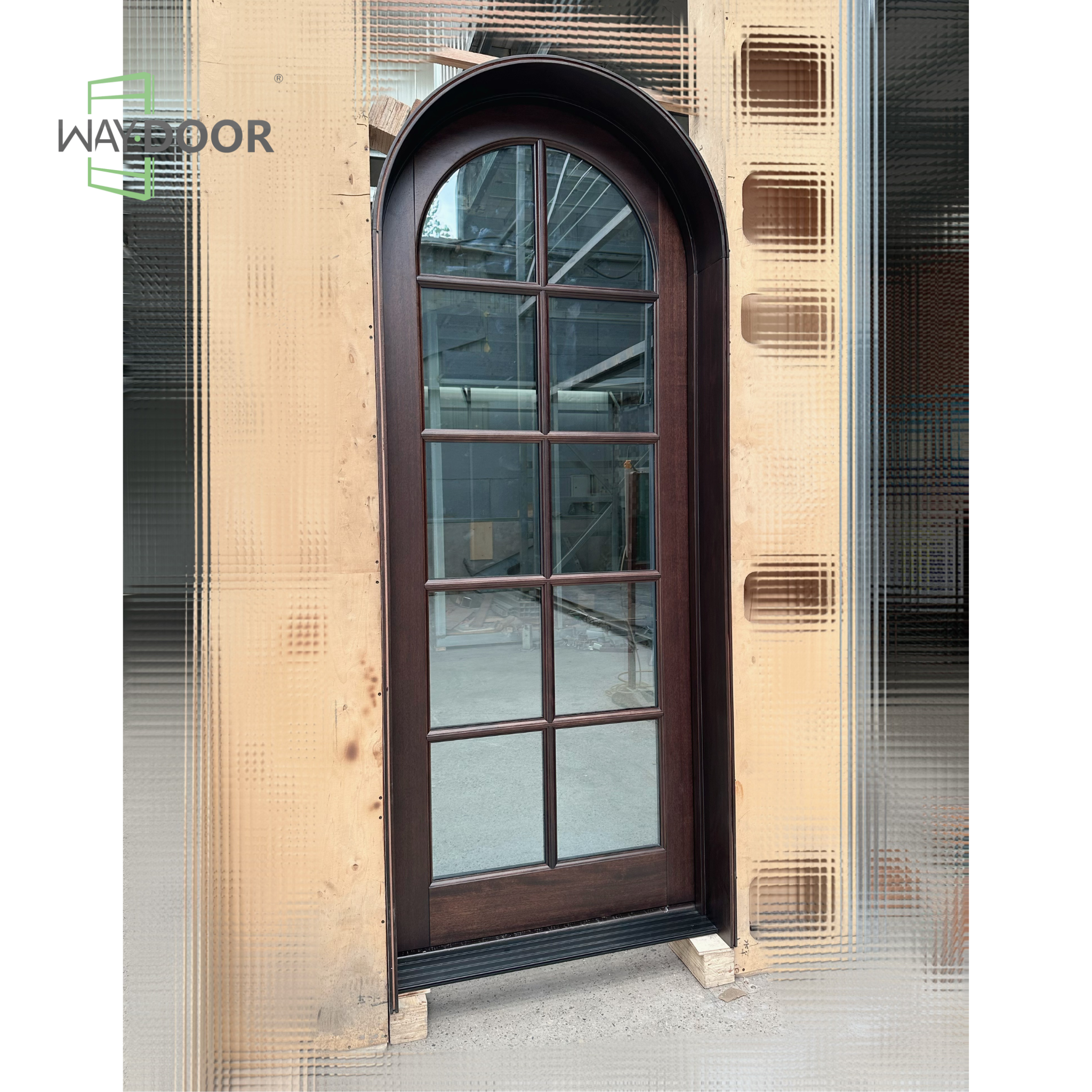 Transitional Arched Solid Wood Entry Door with 8-Lite Clear Glass