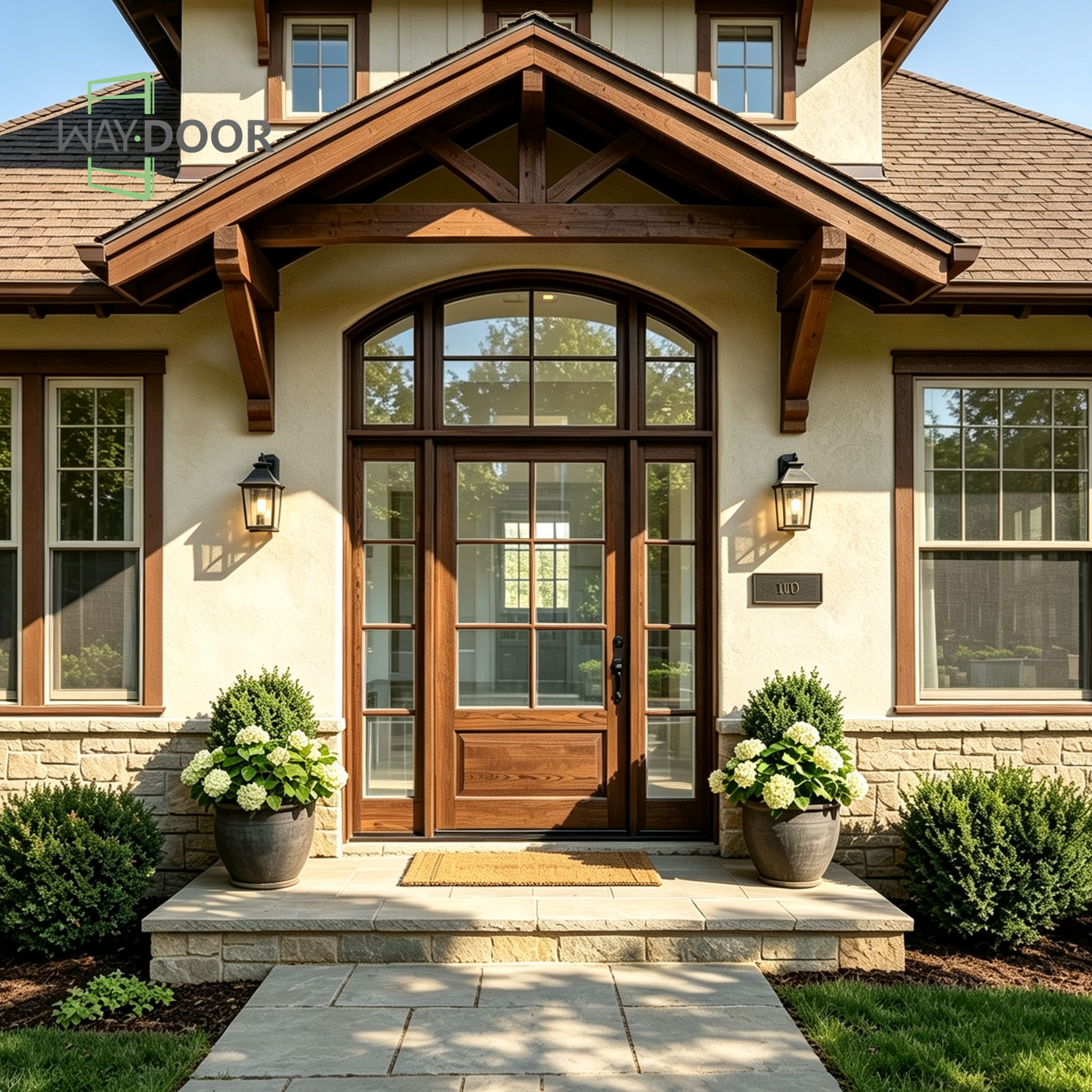 Transitional Arched Solid Wood Entry Door with Transom and Sidelights