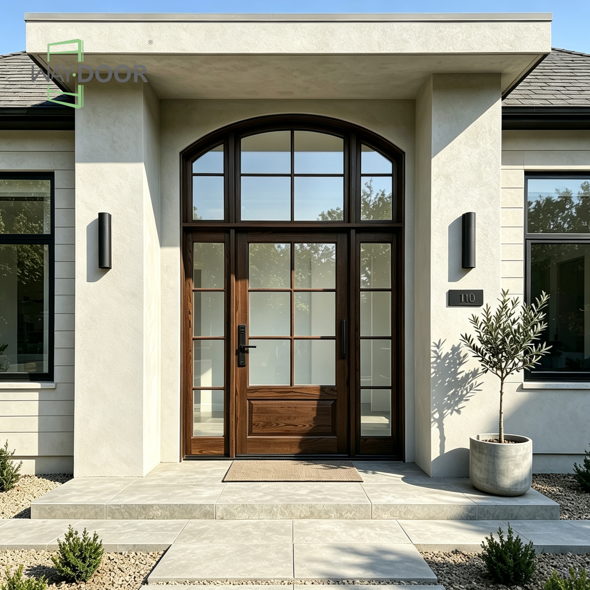 Transitional Arched Solid Wood Entry Door with Transom and Sidelights