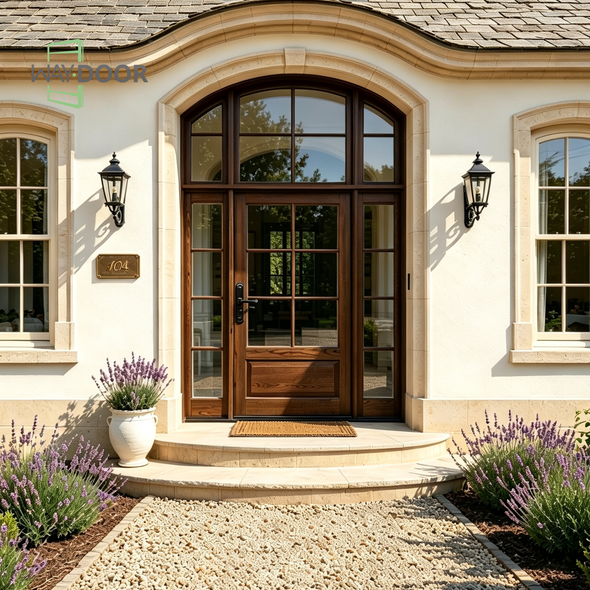 Transitional Arched Solid Wood Entry Door with Transom and Sidelights