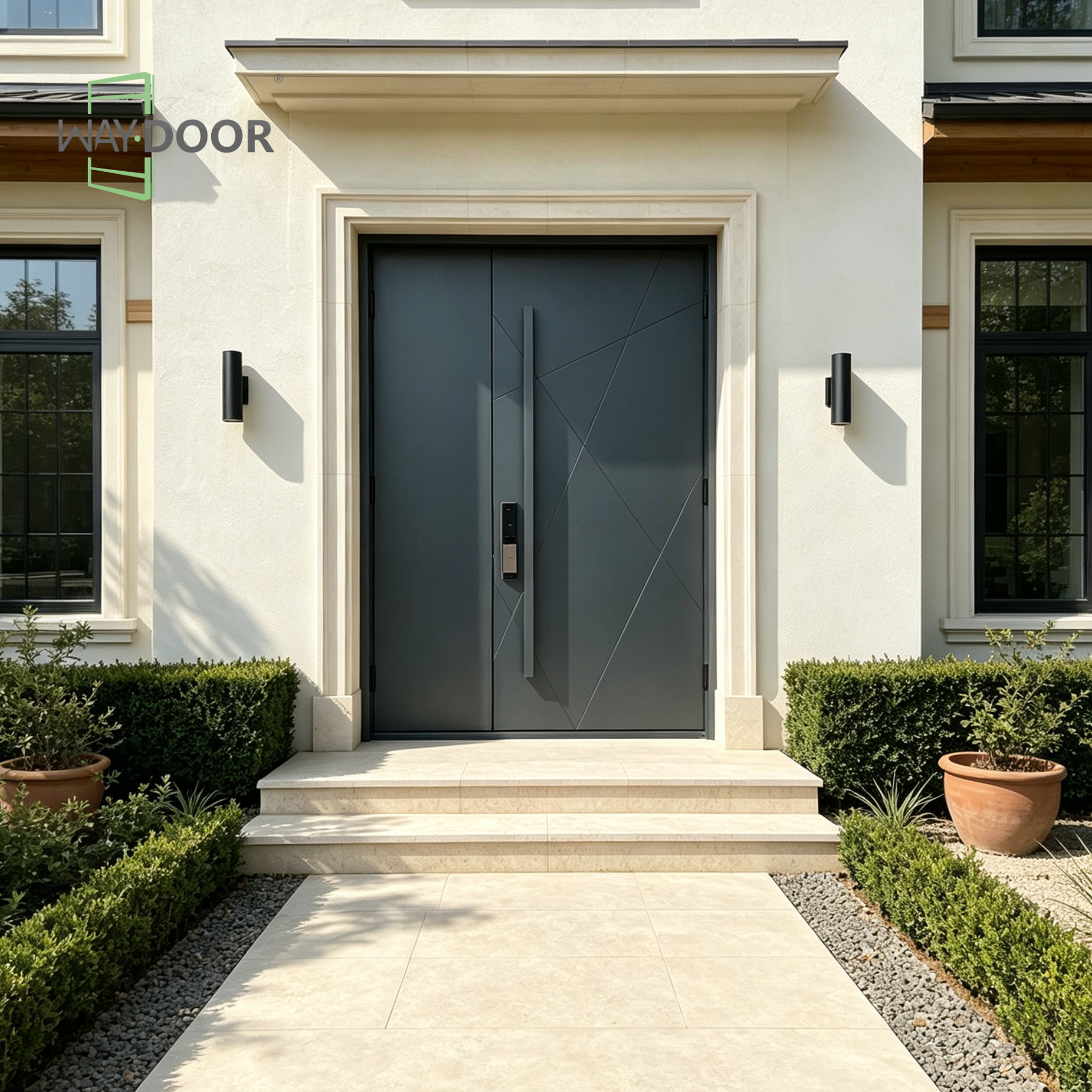Transitional Geometric Solid Wood Hinged Entry Door With Solid Sidelite