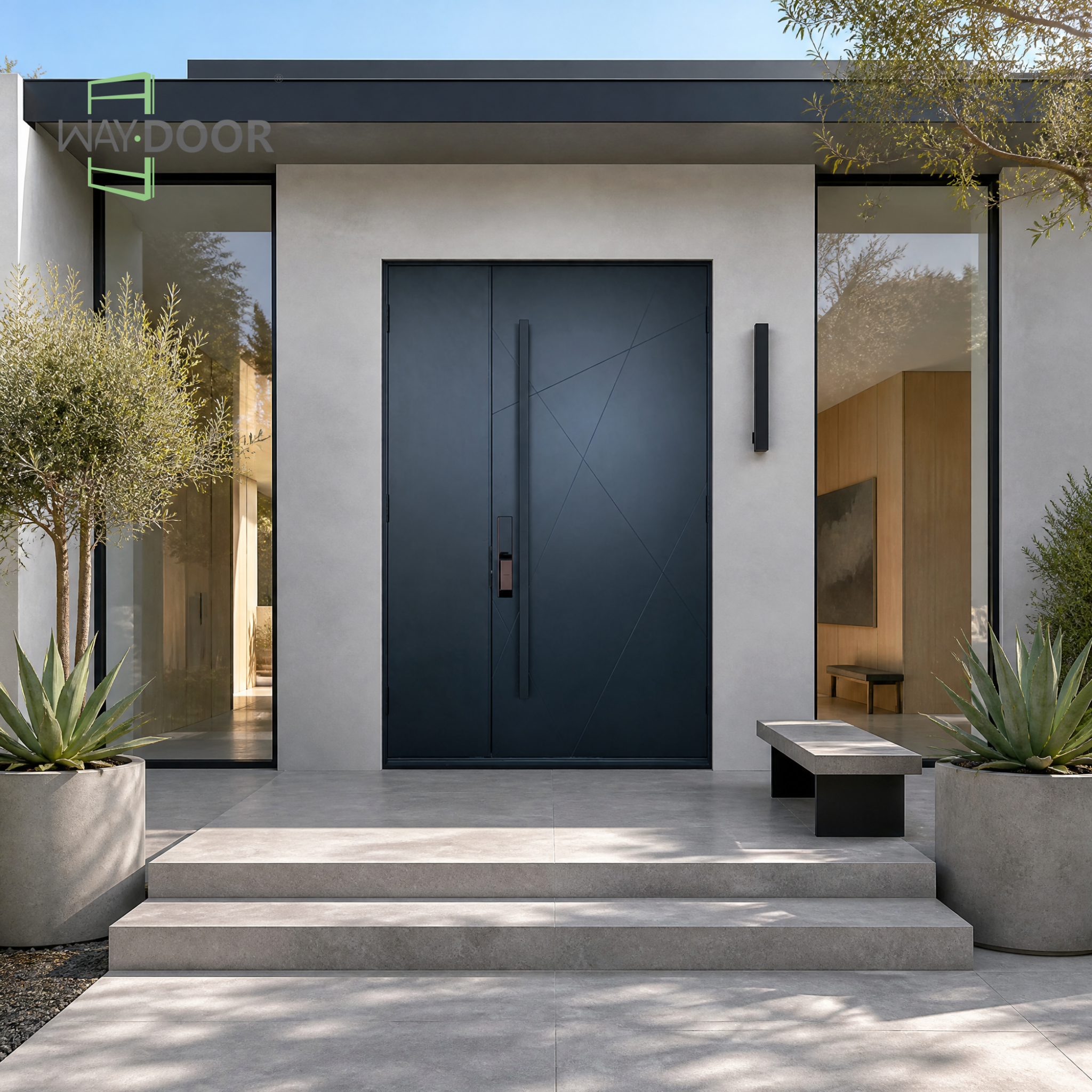 Transitional Geometric Solid Wood Hinged Entry Door With Solid Sidelite